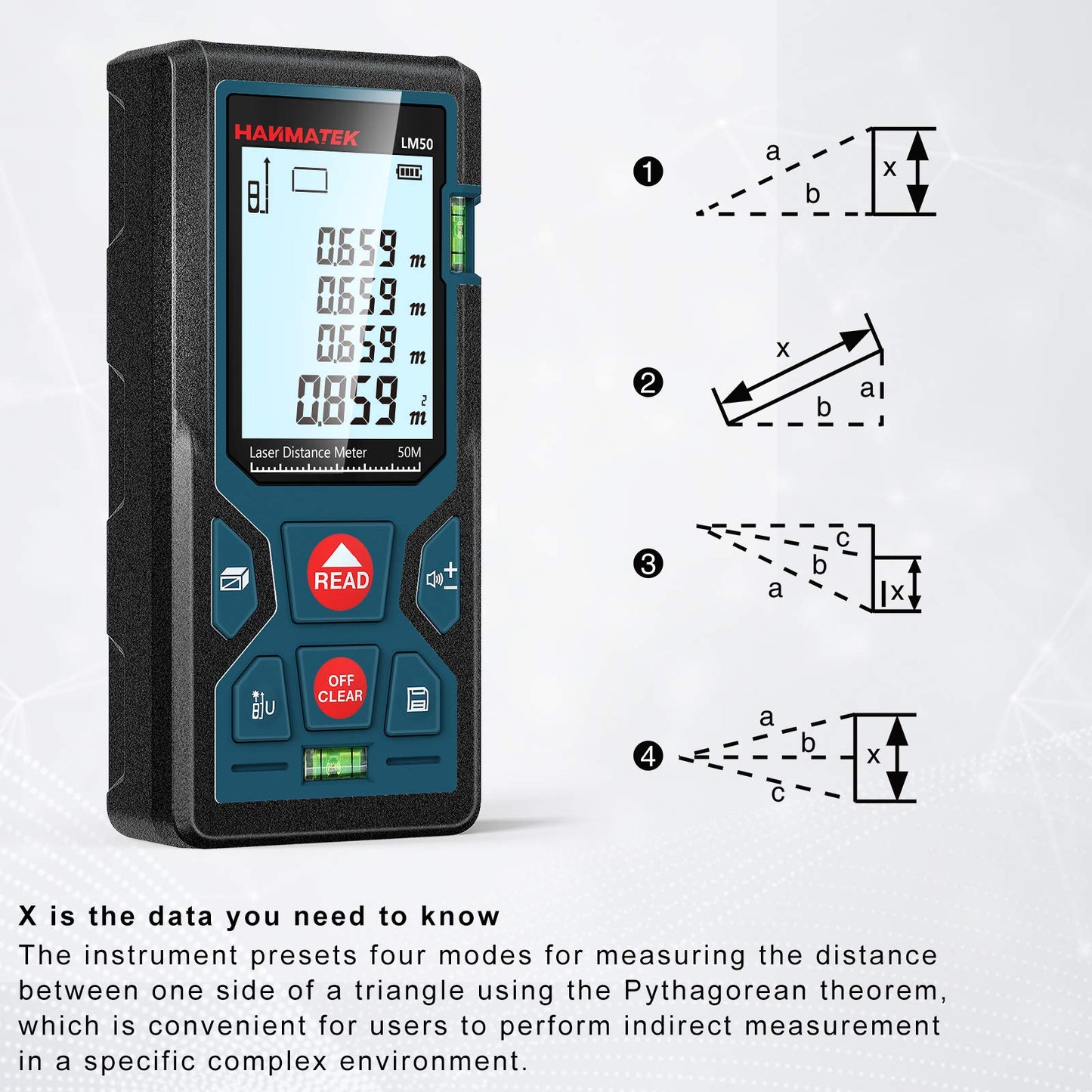 165ft/50m Laser Measure Ft/in/M Switching LM50 Laser Measurement Tool Devices with 2 Bubble Levels Distance Meter,Large Backlit LCD - Medaid International