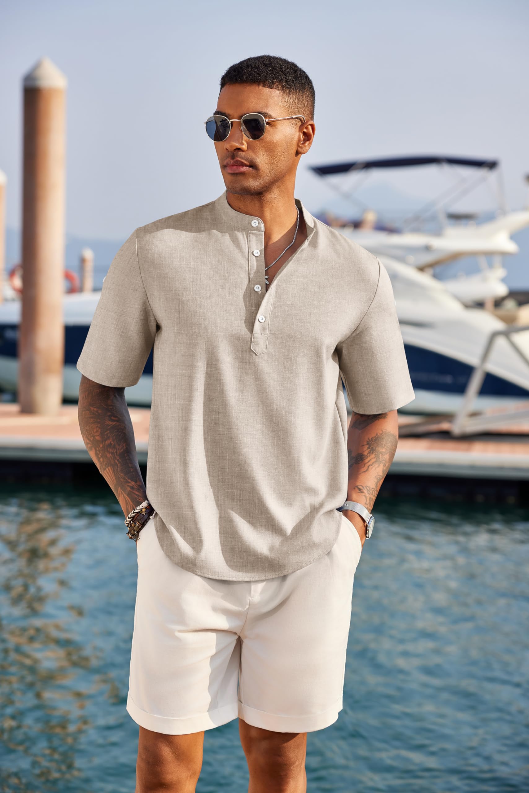 COOFANDY Men's Cotton Linen Henley Shirt Short Sleeve Hippie Casual Band Collar Summer Beach T-Shirts Khaki - Medaid International