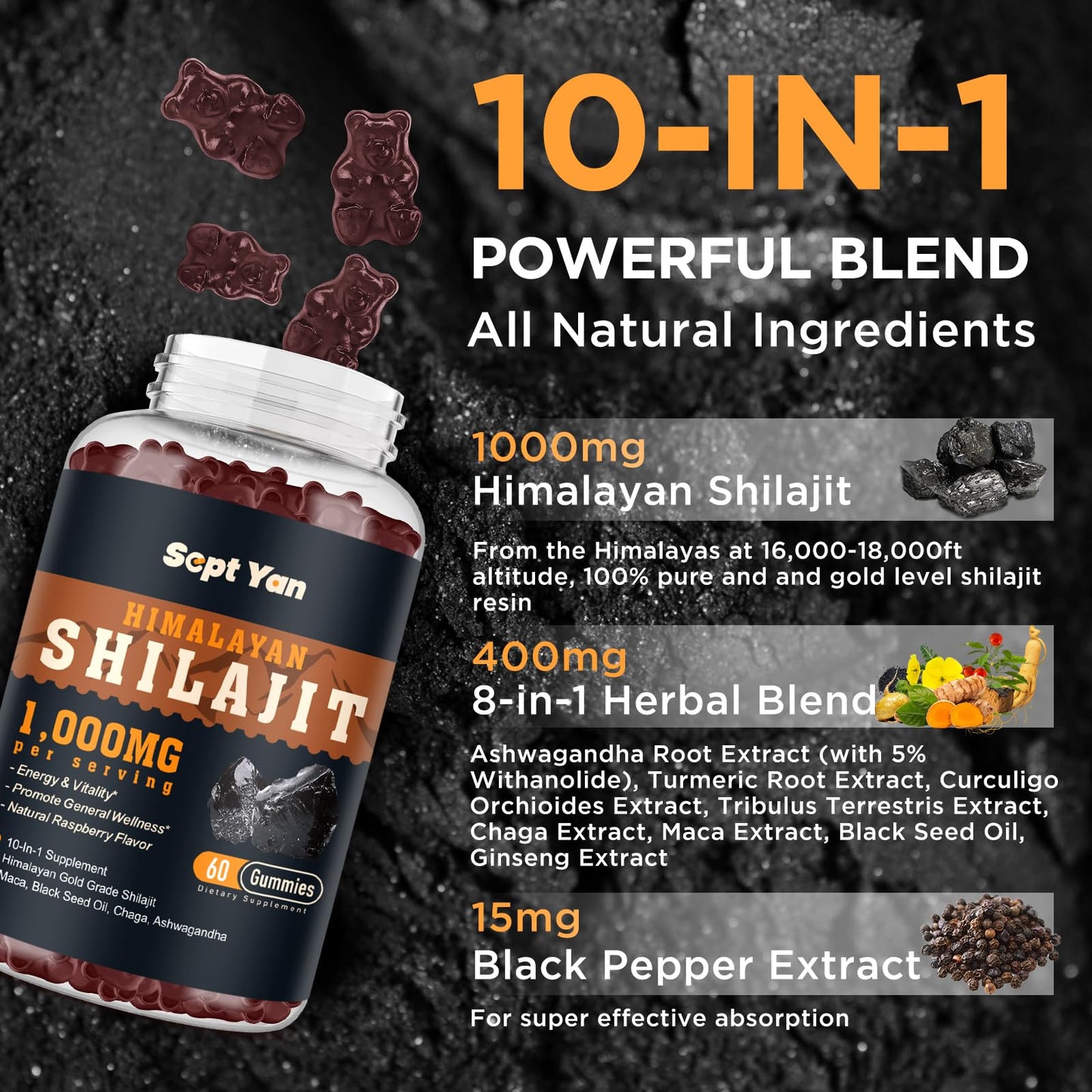 Shilajit Gummies 1000mg - Shilajit Pure Himalayan Organic for Men & Women 85+ Trace Minerals Shilajit Resin with Ashwagandha, Maca, Black Seed Oil - Energy, Brain, Immunity, Sugar Free Raspberry 60ct - Medaid International