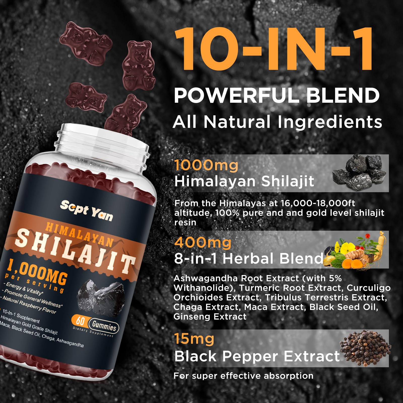 Shilajit Gummies 1000mg - Shilajit Pure Himalayan Organic for Men & Women 85+ Trace Minerals Shilajit Resin with Ashwagandha, Maca, Black Seed Oil - Energy, Brain, Immunity, Sugar Free Raspberry 60ct - Medaid International
