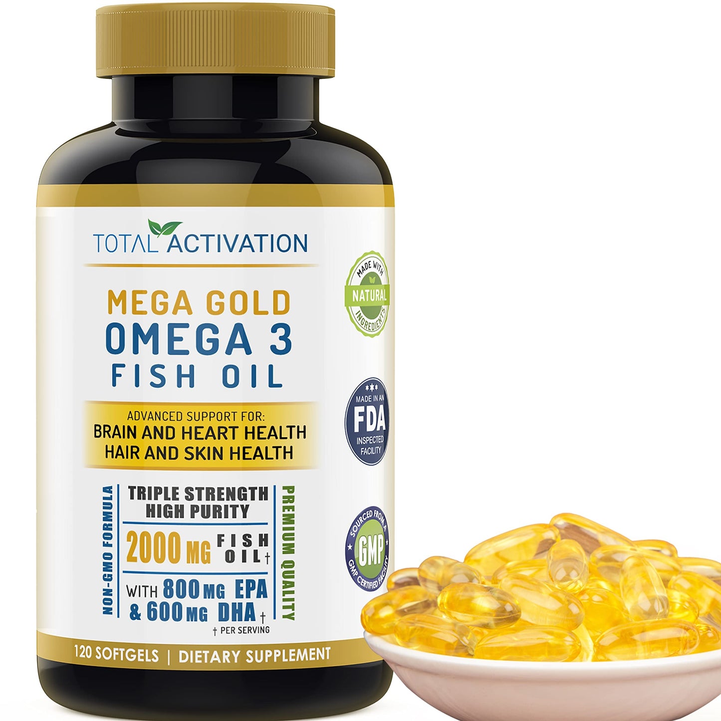 Omega 3 Fish Oil Supplement – 2000mg with EPA DHA & Vitamin E – Burpless, Triple Strength Support for Men & Women – 120 Easy Swallow Softgels - Medaid International