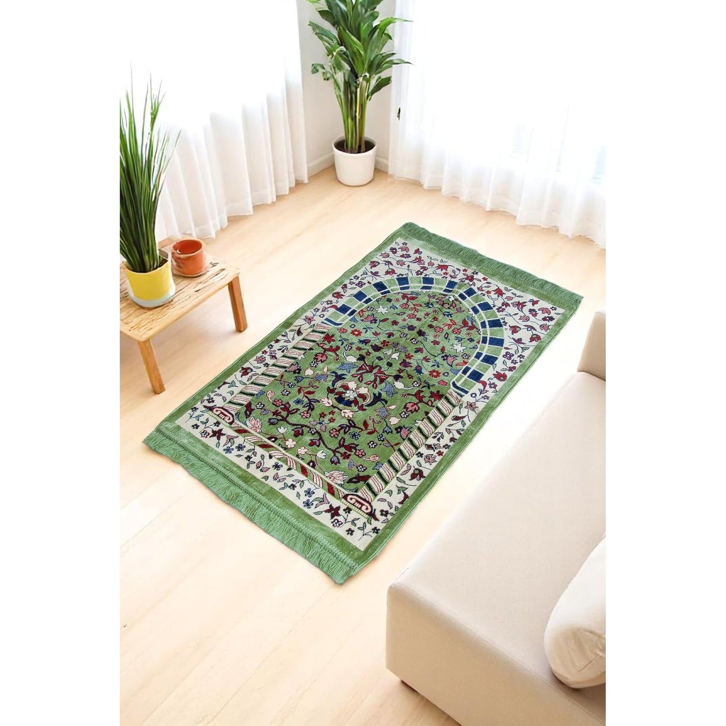 ihvan online, Velvet Muslim Prayer Rug, Thick Janamaz, Sajadah, Soft Islamic Prayer Rug, Islamic Gifts Prayer Carpet Mat, Elegant Design, Rawdah Green - Medaid International