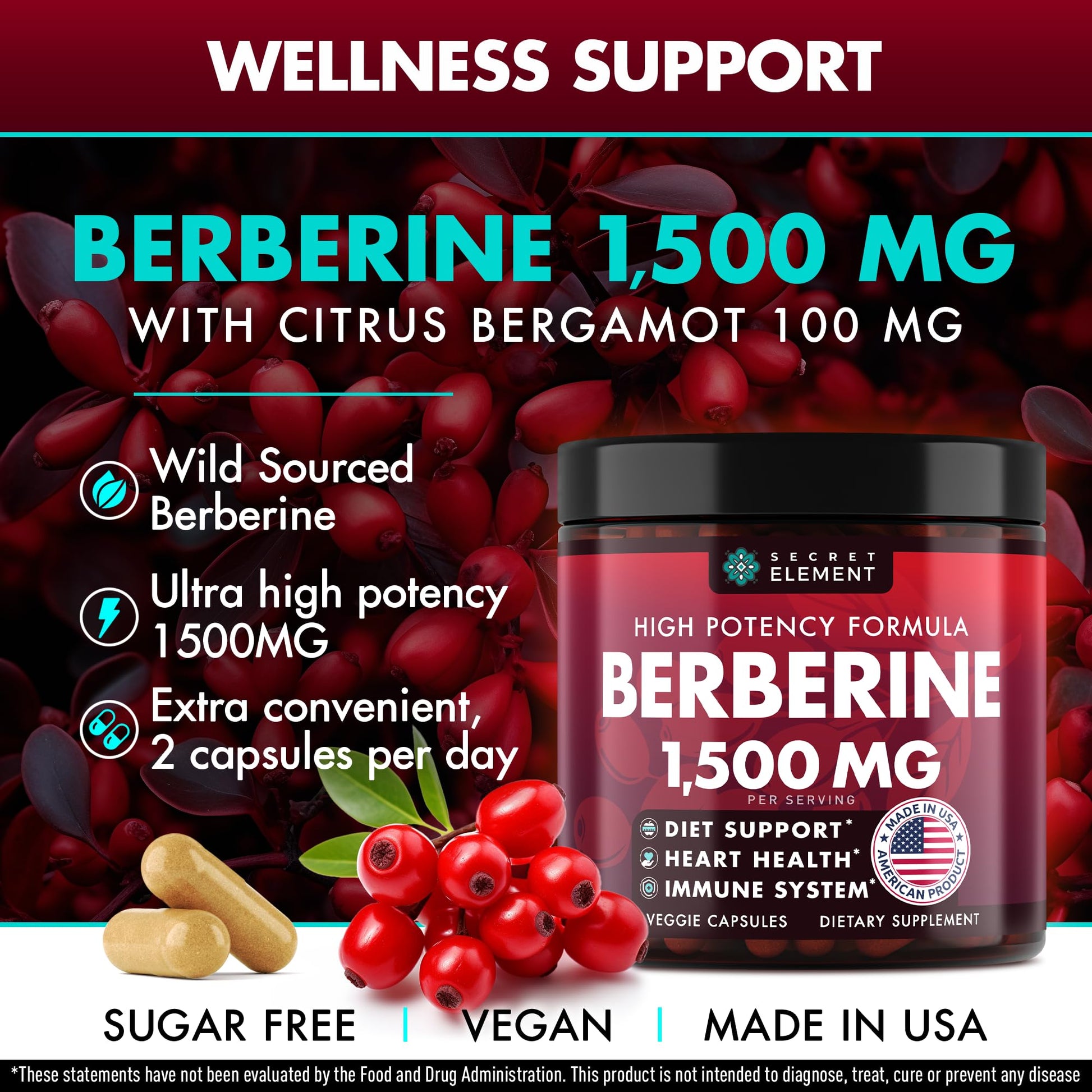 Secret Element Berberine HCL Supplement 1500 mg, High Potency Vegan Capsules with Beet Root, Citrus Bergamot & Black Currant, Non-GMO, 180 Capsules - Medaid International