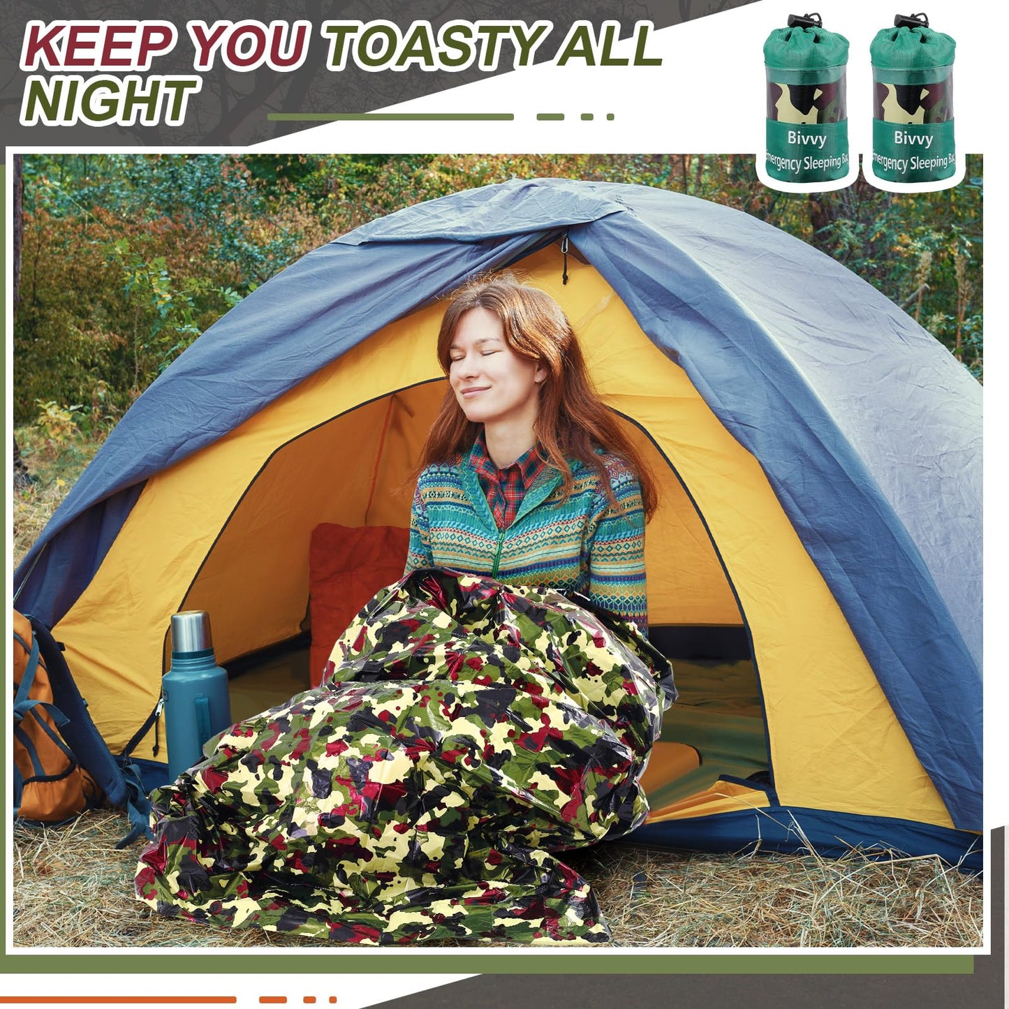 Preboun 10 Pcs Camo Emergency Sleeping Bags Camo Blankets Emergency Shelter Survival Gear Portable Lightweight Thermal Bivy Sack Waterproof for Outdoor Camping Hiking Homeless Shelter