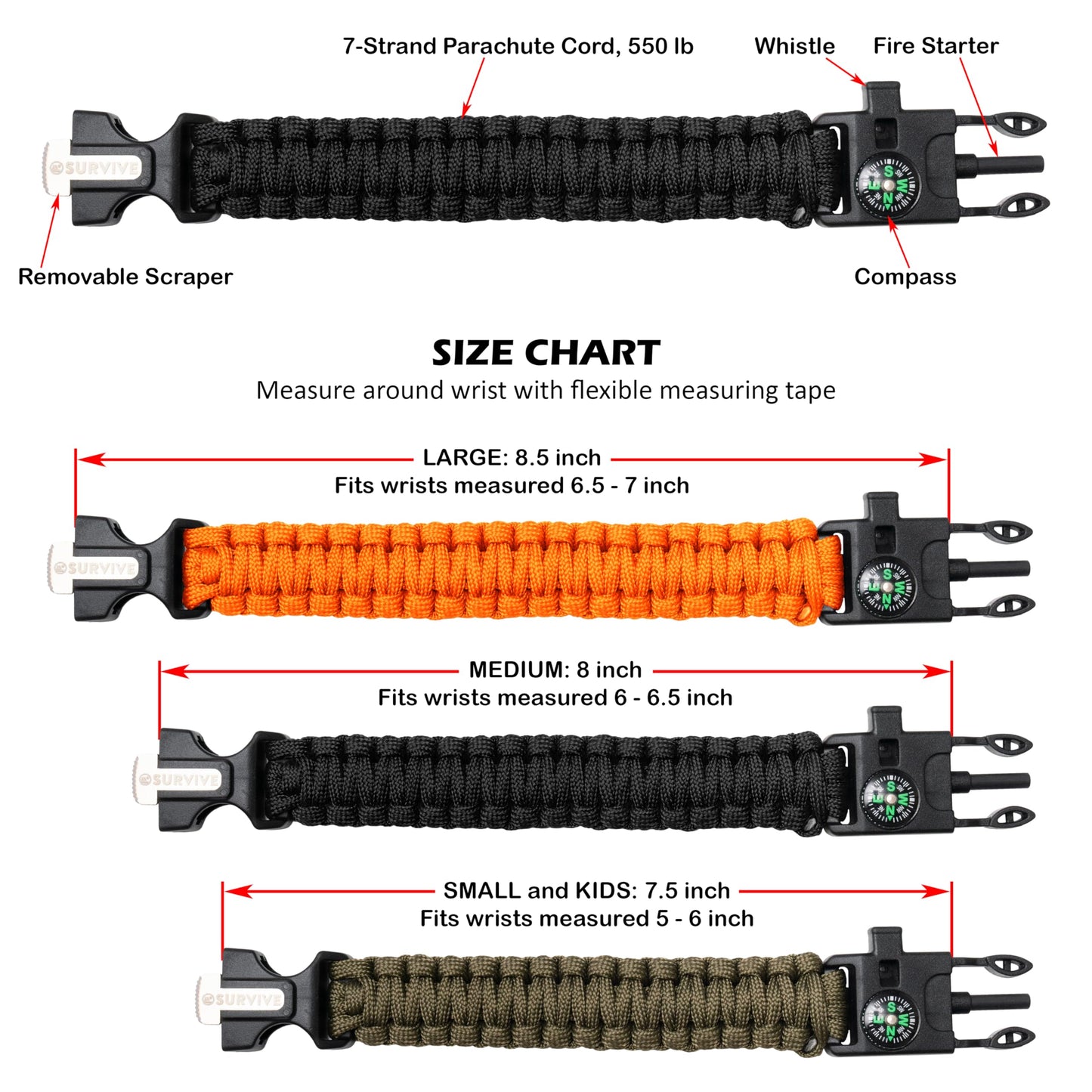 SURVIVE Paracord Bracelet, Pack of 2, Emergency Hiking Survival Kit Fire Starter Compass Whistle, Wrist Size: Small, 8.5 ft Continuous Strand Flint Steel Scraper 5 in 1