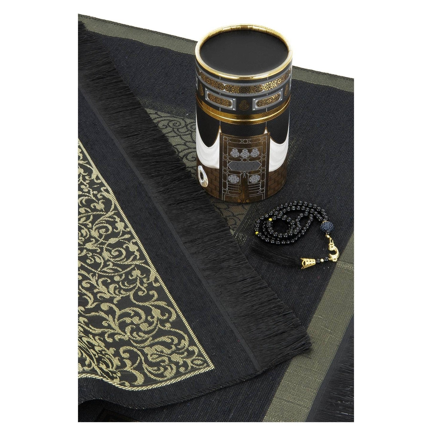 ihvan online Muslim Soft Prayer Rug, Carpet Mat and Prayer Beads with Elegant Design Cylinder Gift Box Set, Janamaz, Sajadah, Islamic, Taffeta Fabric, Black / Mod2 - Medaid International