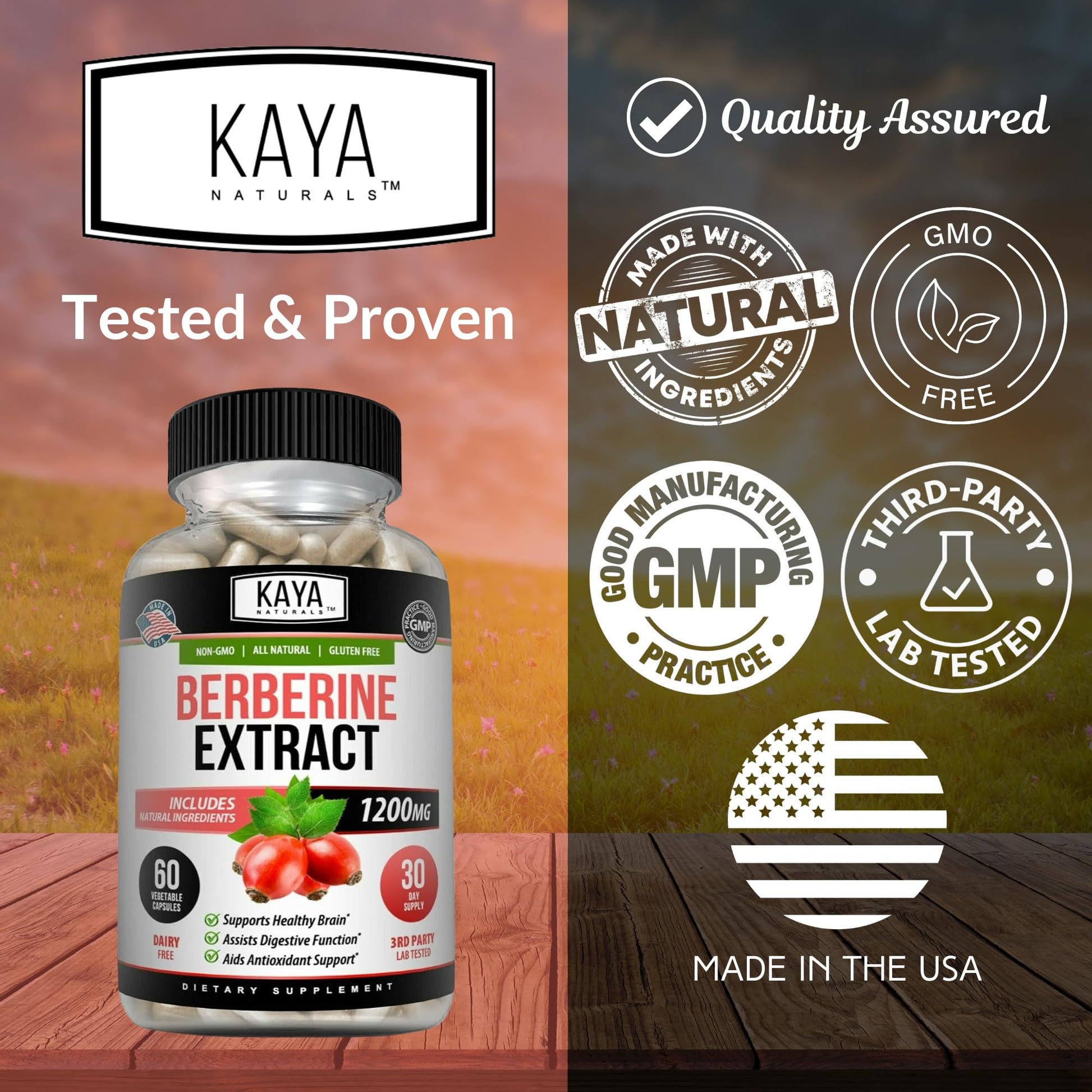 Kaya Naturals Berberine HCL Extract 1200mg - Immune System - Gluco Levels - Gut Health (Vegetarian, Non-GMO & Gluten-Free) Berberine Supplement (60 Count (Pack of 1) - Medaid International