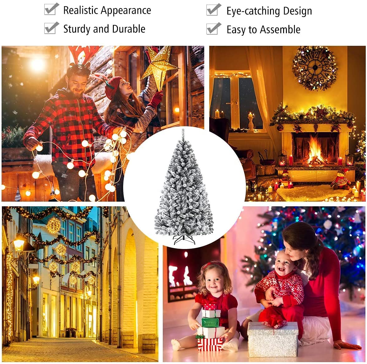 SPSUPE Artificial Christmas Tree, Premium PVC Xmas Full, Flocked Snow Pine Tree with Solid Metal Stand, Ideal for Indoor and Outdoor (9FT), White - Medaid International