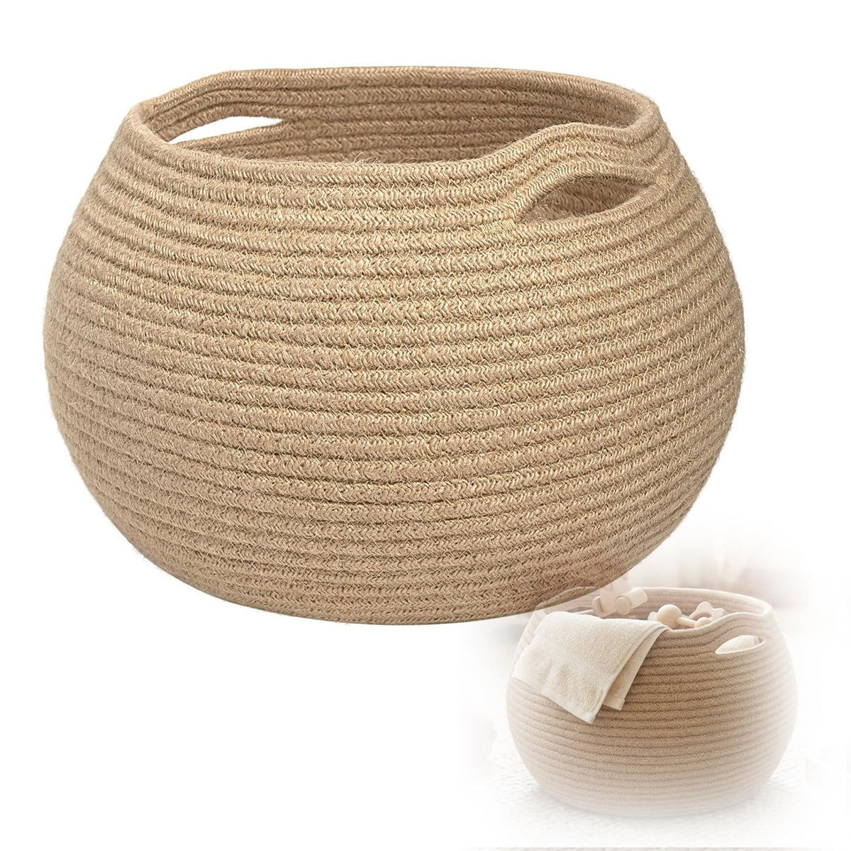 TERRIFI Round Storage Basket with Handles, Woven Jute Rope Organizer, Foldable Cotton Rope Basket for Nursery Toys, Towels, Indoor Plant Pots and Home Decor, 26 * 21cm