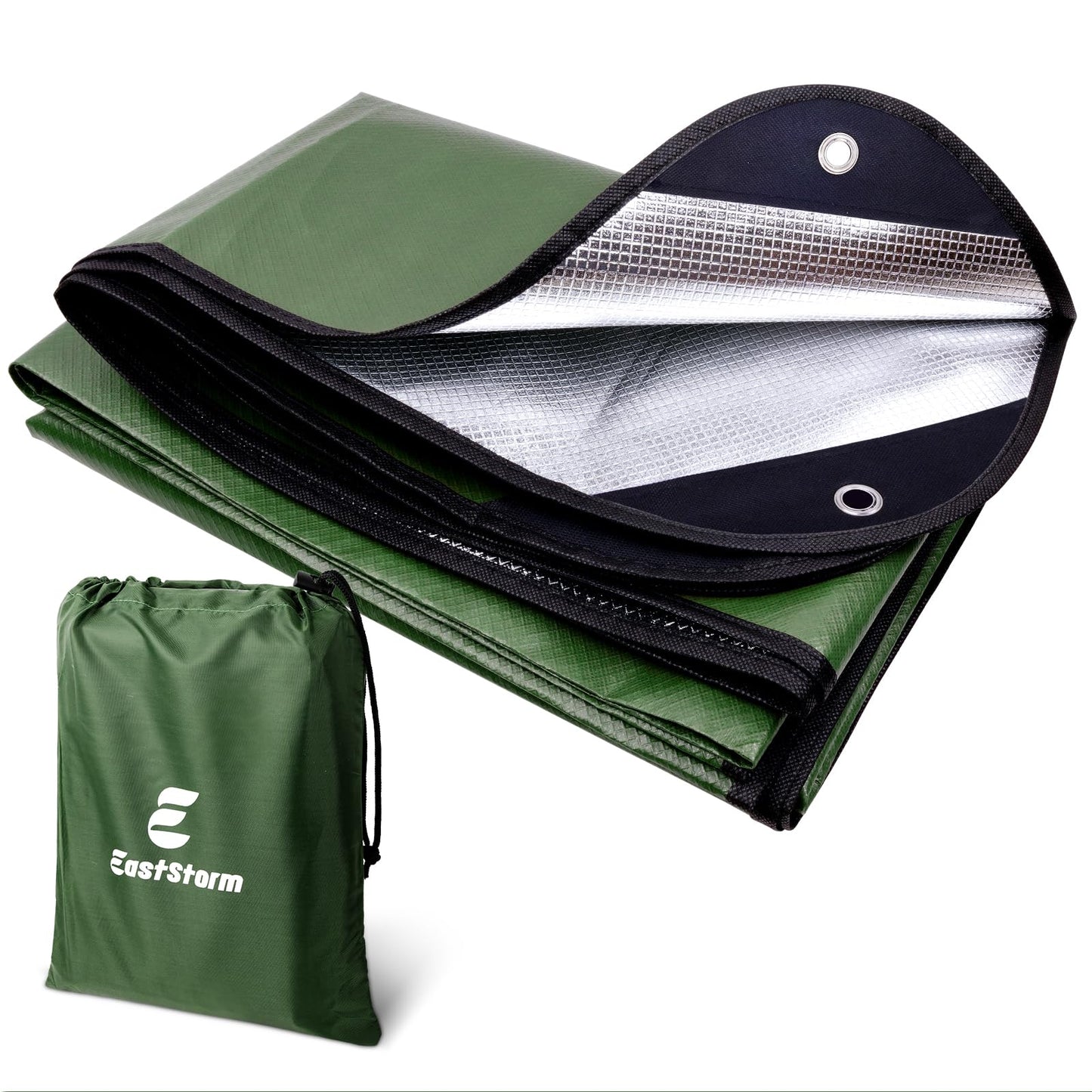 E EASTSTORM Thermal Tarp Survival Shelter Insulated Blanket Reflective 4×7 Ft, All-Weather Space Blankets Emergency Foil Mylar Thermal Blanket for Outdoor Car, Camping, Hiking and Shelter - Green