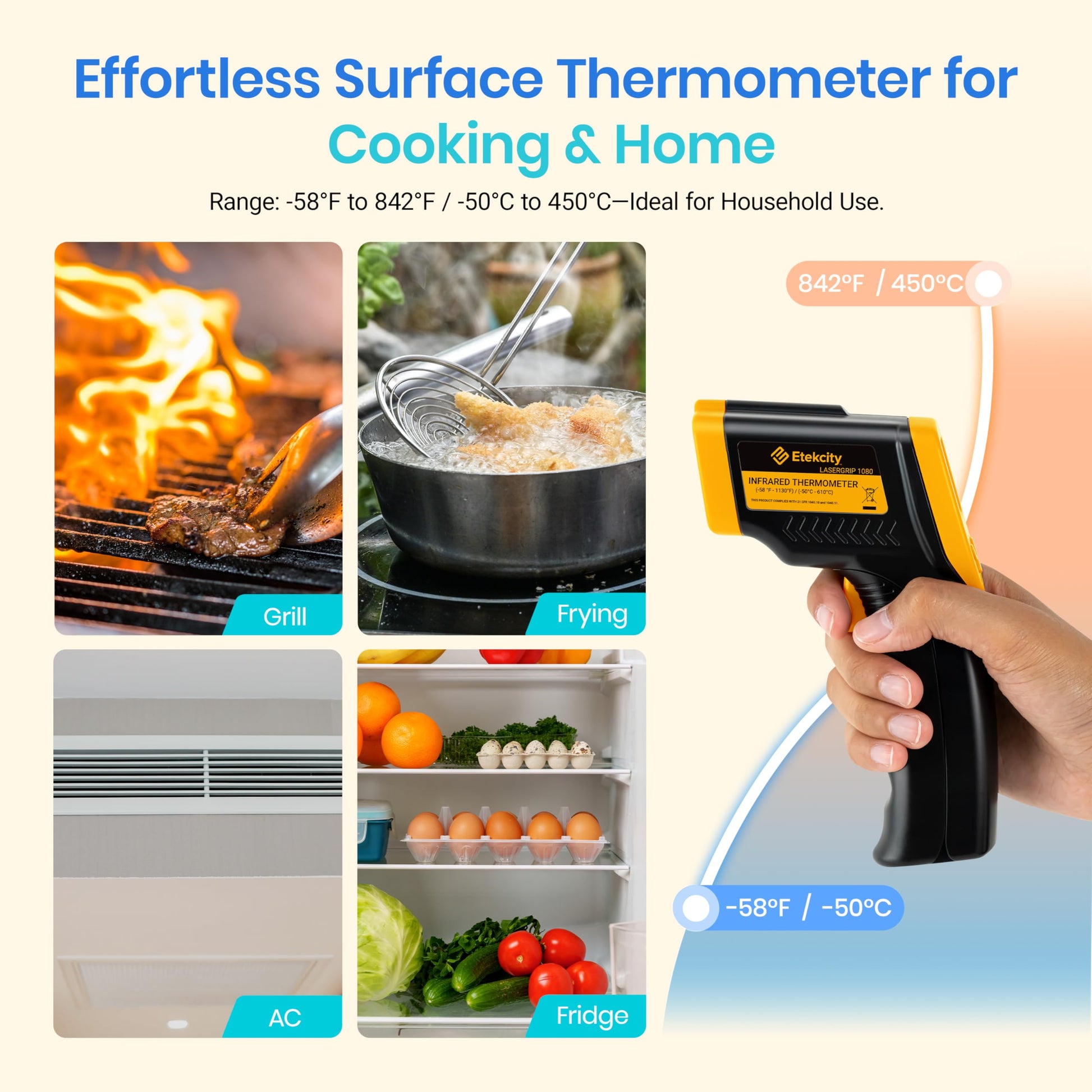 Etekcity Infrared Thermometer Laser Temperature Gun 774, Meat Food Candy Oven Thermometer for Griddle Accessories, Heat Gun for Cooking Refrigerator Tools, Yellow - Medaid International