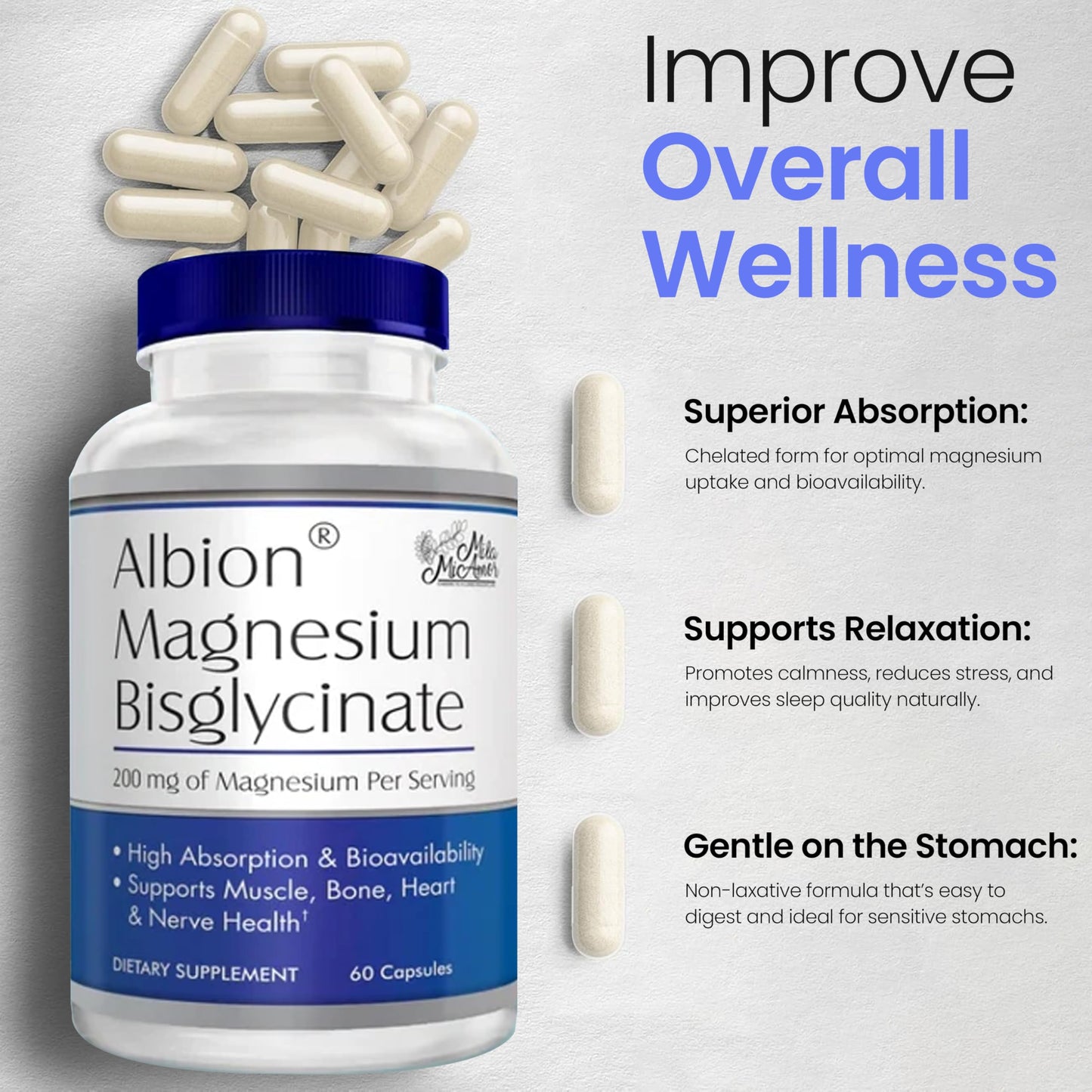 MilaMiAmor Albion® Magnesium Bisglycinate – Highly Absorbable Chelated Magnesium for Muscle, Nerve, Relaxation & Sleep Support – Gentle on Stomach, Vegan – 200mg per Serving, 60 Capsules - Medaid International