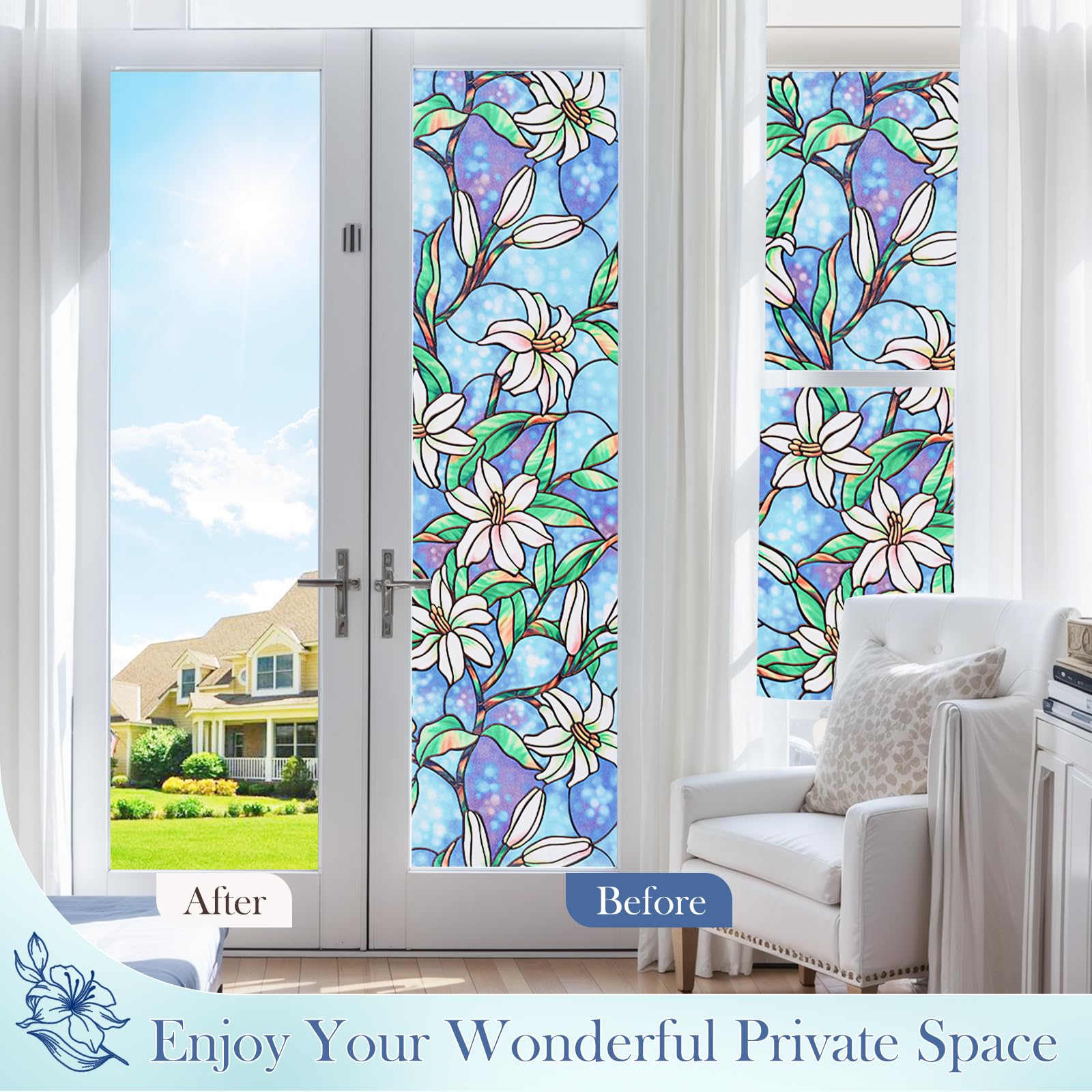 Coavas Decorative Window Privacy Film, Heat Control Sun Blocking Stained Glass Window Film, Floral Design Static Cling, Non Adhesive Windows Tint for Bathroom Front Door(Vinyl, 17.5" x 78.7 ") - Medaid International