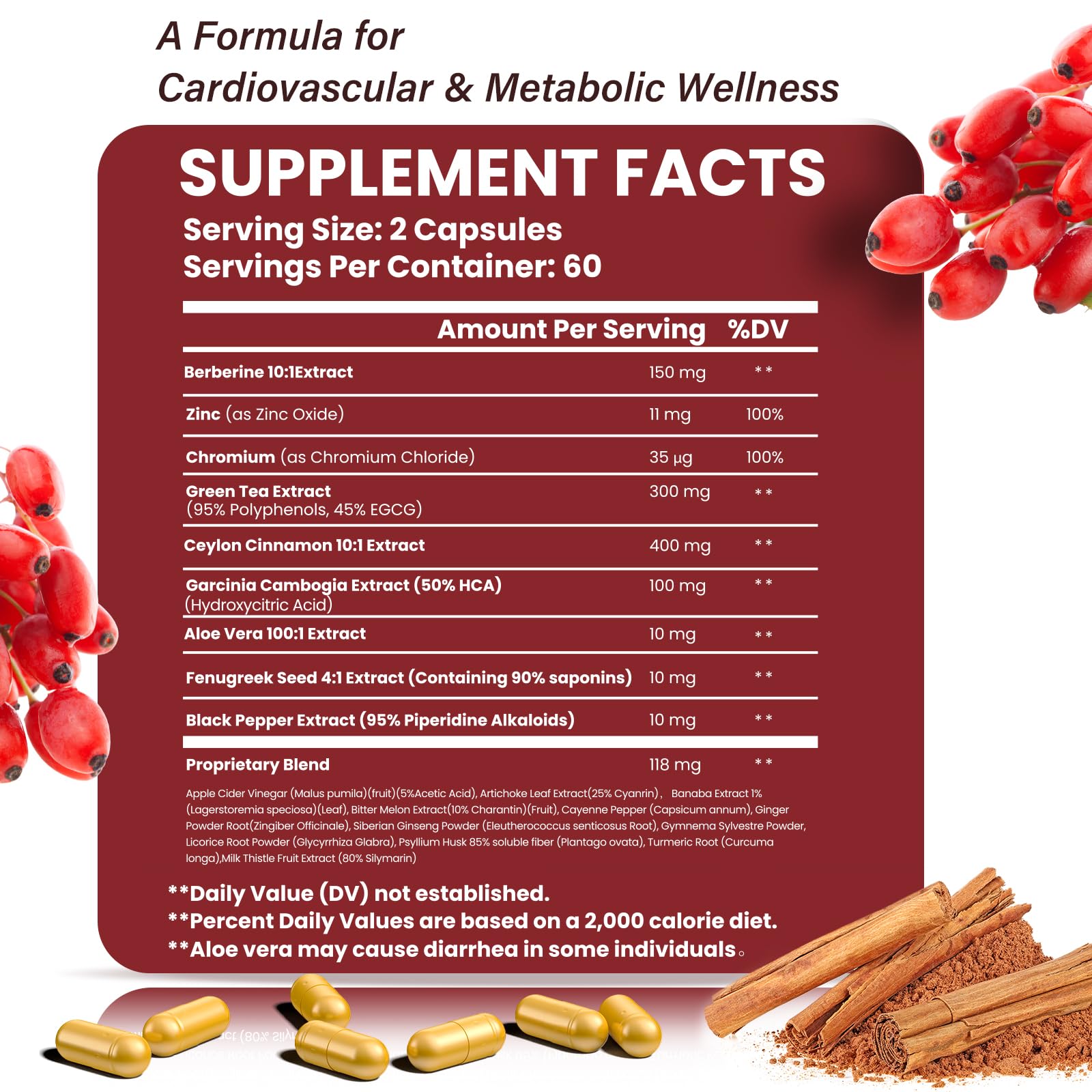Lookatool 21-in-1 Berberine Supplement with Ceylon Cinnamon - Organic Berberine HCL Phytosome, 5X Higher Absorption for Metabolism Support 120 Capsules - Medaid International