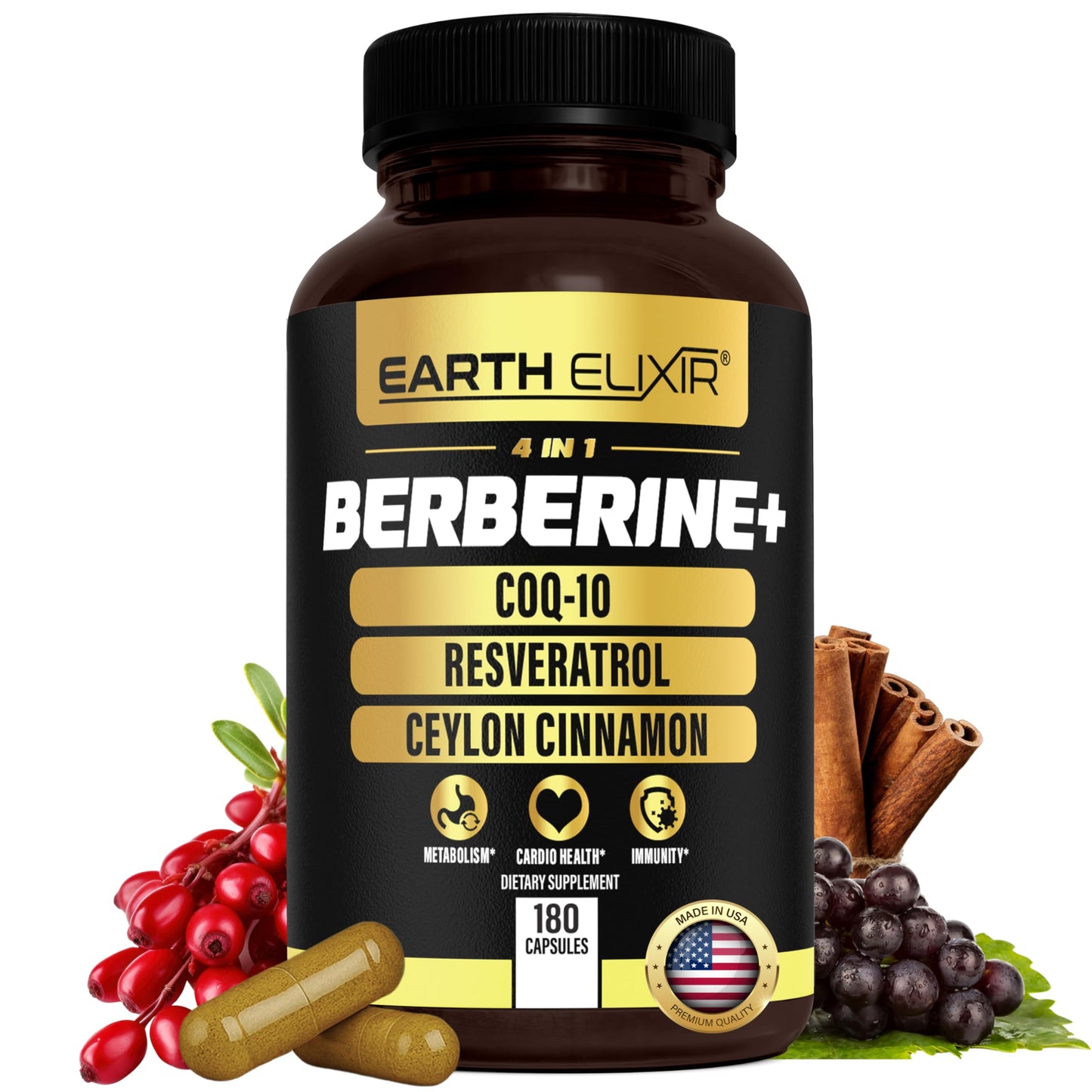 Earth Elixir 4-in-1 Berberine Supplement – Organic Berberine with Ceylon Cinnamon, CoQ10 Ubiquinol, and Resveratrol Powder – Metabolic & Cellular Energy Support, 180 Vegan Capsules - Medaid International