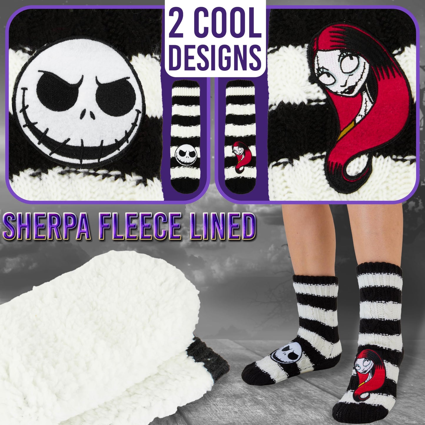 Get Trend The Nightmare Before Christmas Slipper Socks with Grips for Women, Teens, Size 4–9, Non Slip Fluffy Socks, Cozy Gifts for Women (4/9 US, White/Black TNBC) - Medaid International