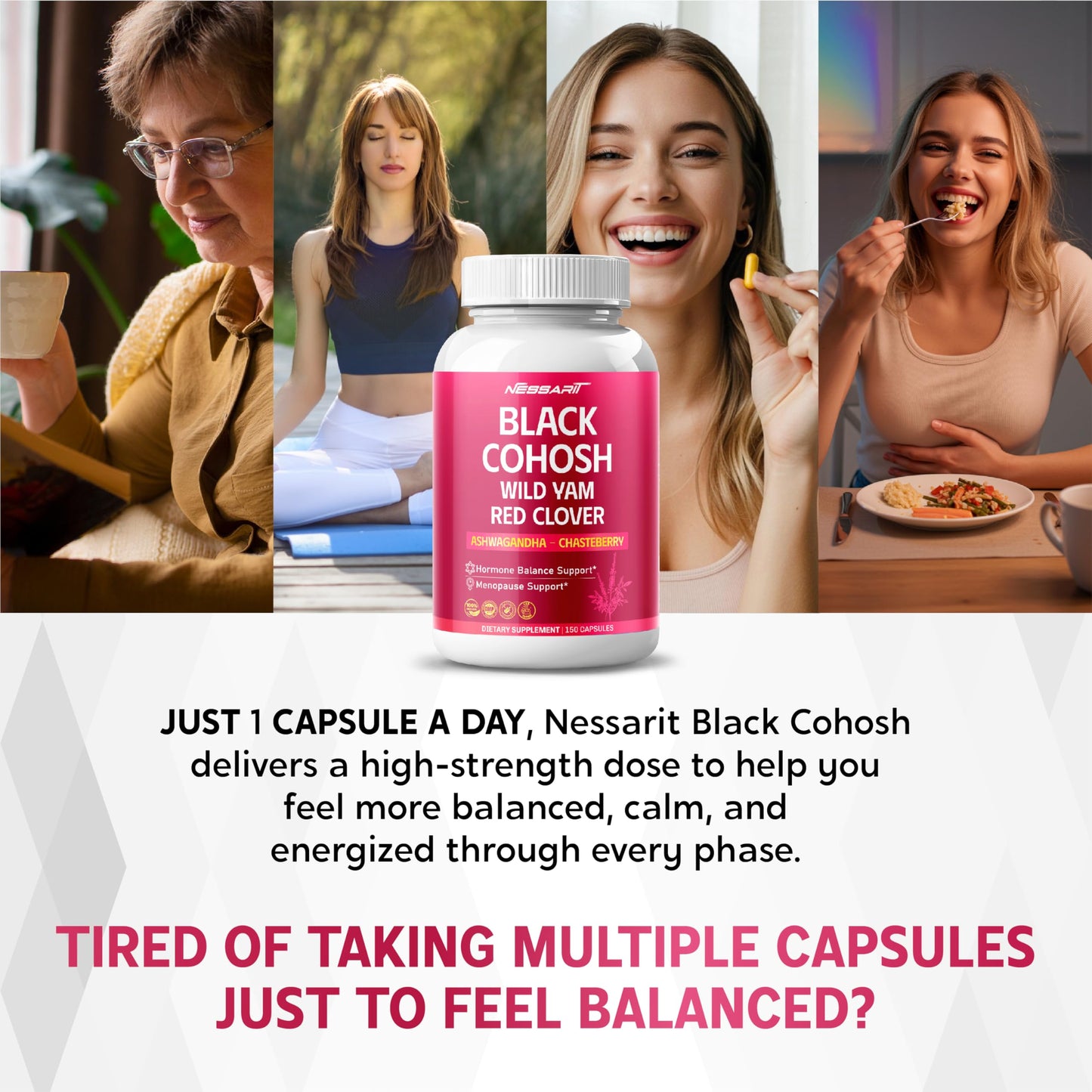 NESSARIT Black Cohosh 9,600mg* – Hormonal Balance Support with Wild Yam, Red Clover, Ashwagandha, Chasteberry & More – 150 Capsules – Made & Lab Tested in USA - Medaid International