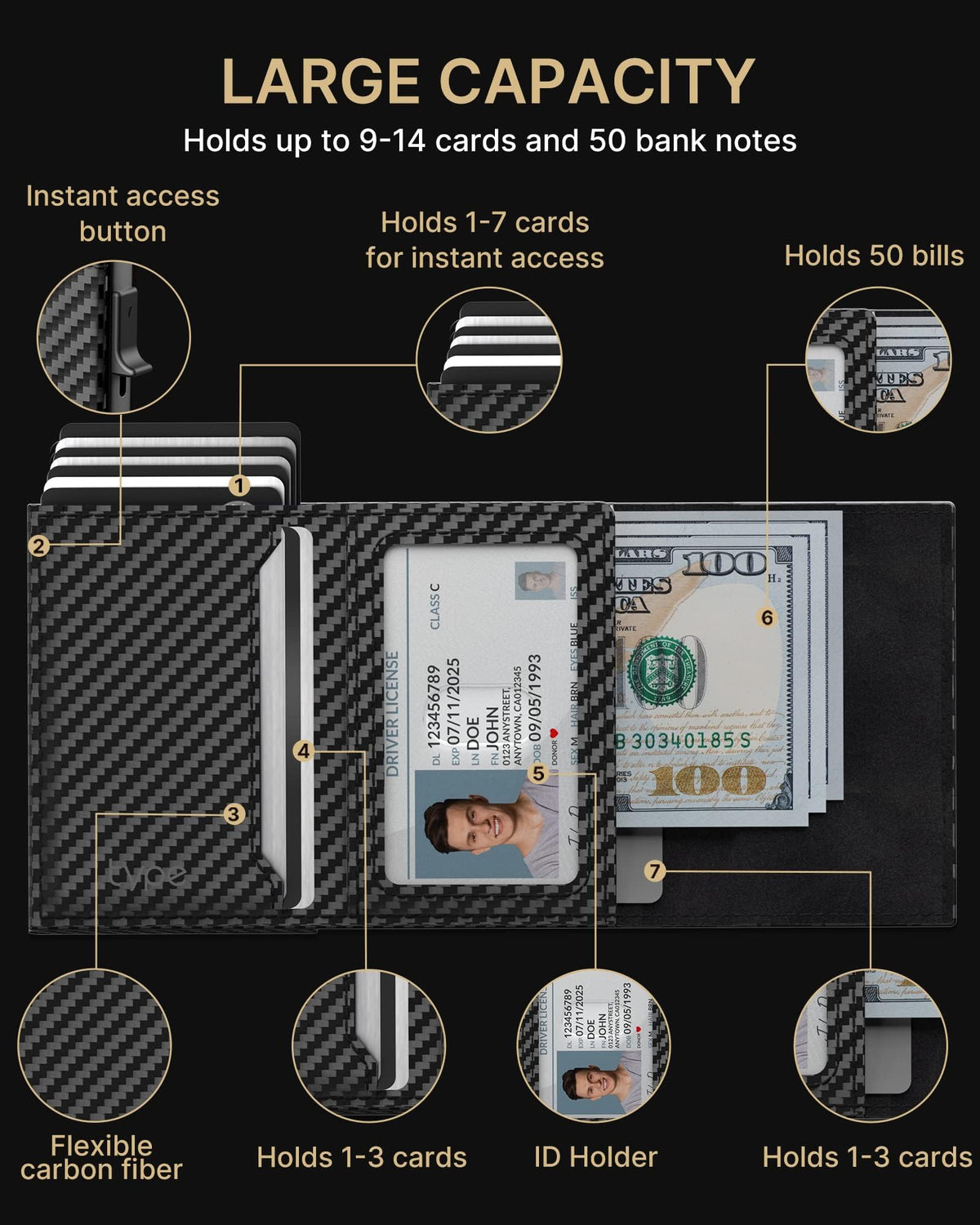 KASTWAVE Mens Wallet Card Holder - Pop Up Card Case, Top Grain Leather, RFID Blocking, Slim, Minimalist, Ultra-Thin, Front Pocket, 12 Card Capacity | ID Window | Cash Slot（Carbon Fiber Black）
