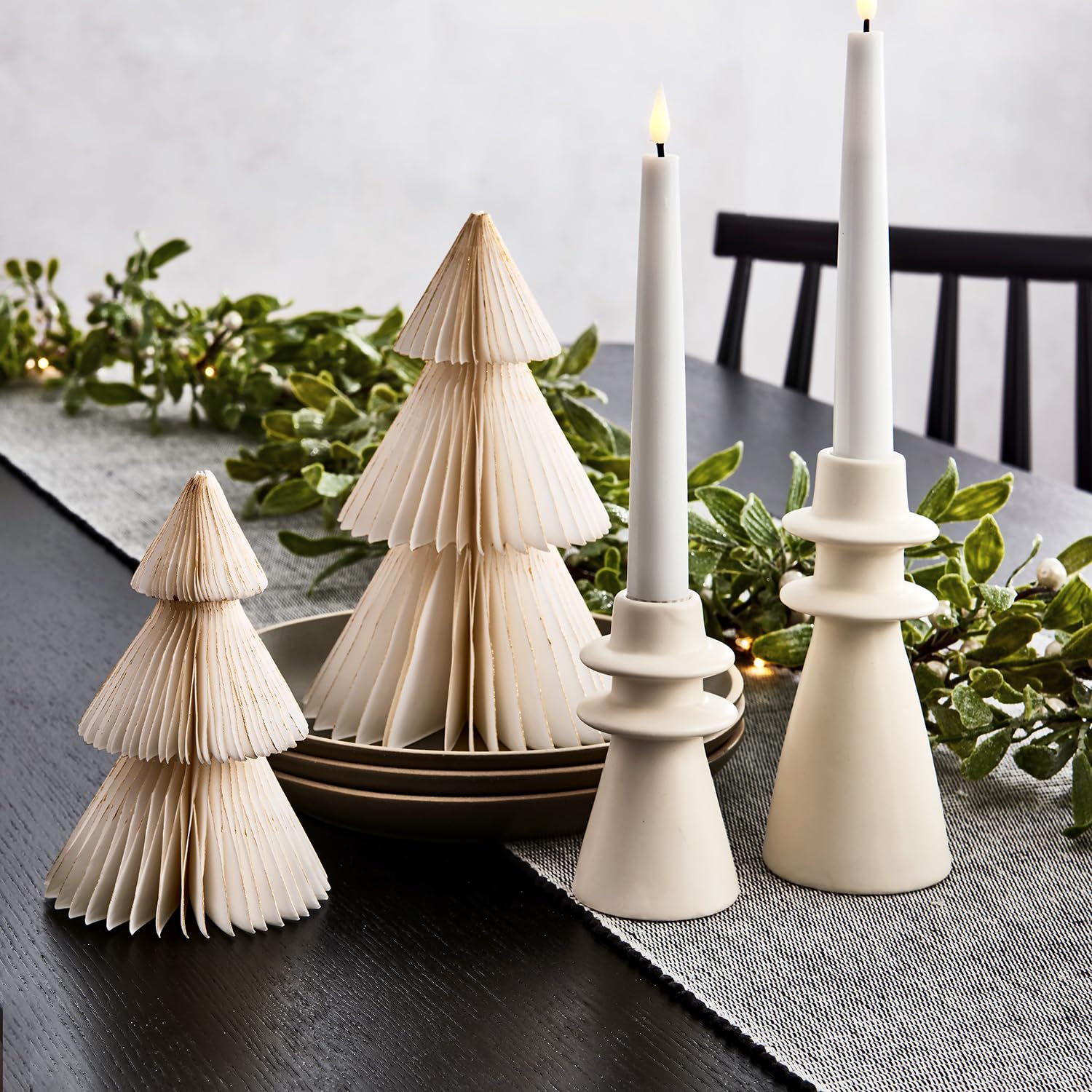 LampLust Paper Christmas Tree Decor, 2 Pack Honeycomb Paper Trees, 6 & 8 Inch, White & Gold Glitter Edge, Holiday Table Centerpieces, Christmas Table Decor, Winter Decorations - Medaid International
