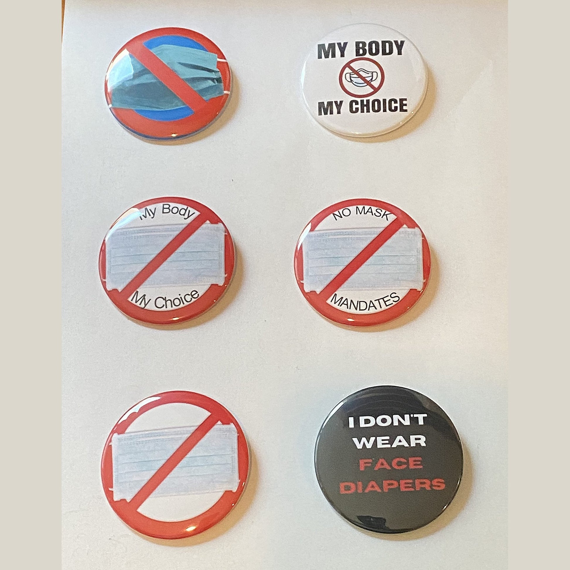 No Mask Mandates - Anti-mask buttons - Collection of 6 pins (2.25 inches) - Medaid International