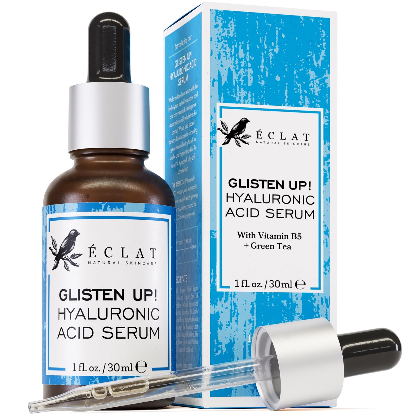 Eclat Skincare Hydrating Hyaluronic Acid Serum for Face – 2.5% Hyaluronic Acid + 3% B5, Green Tea & Jojoba Oil - Moisturizing & Plumping Formula for Radiant & Smoother Skin 1 Fl Oz - Medaid International