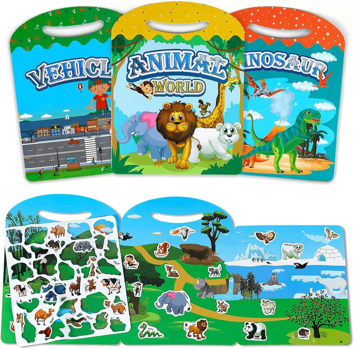 KASTWAVE 3 Set Reusable Stickers Books for Toddlers, Travel Toys Car Plane Activities - Busy Toys for 2 3 4 Year Old Boys Girls Birthday Gifts - Dinosaur+Animal+Vehicle
