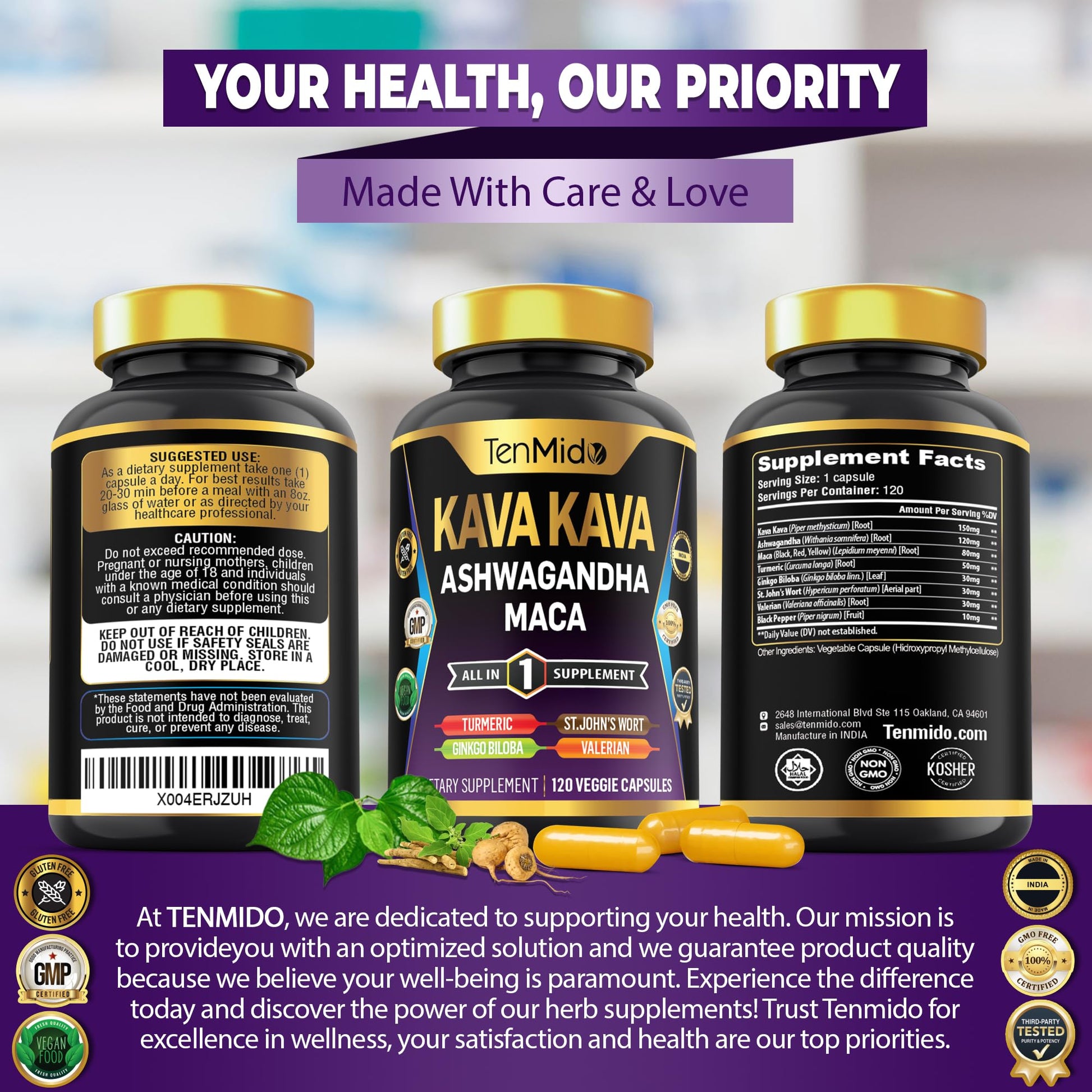 Tenmido Kava Kava Root Supplement - 8in1 Formula - Combine with Ashwagandha, Maca, Turmeric, Ginkgo Biloba, St. John's Wort, Valerian & Black Pepper - 120 Vegan Capsules, 4 Months Supply - Medaid International