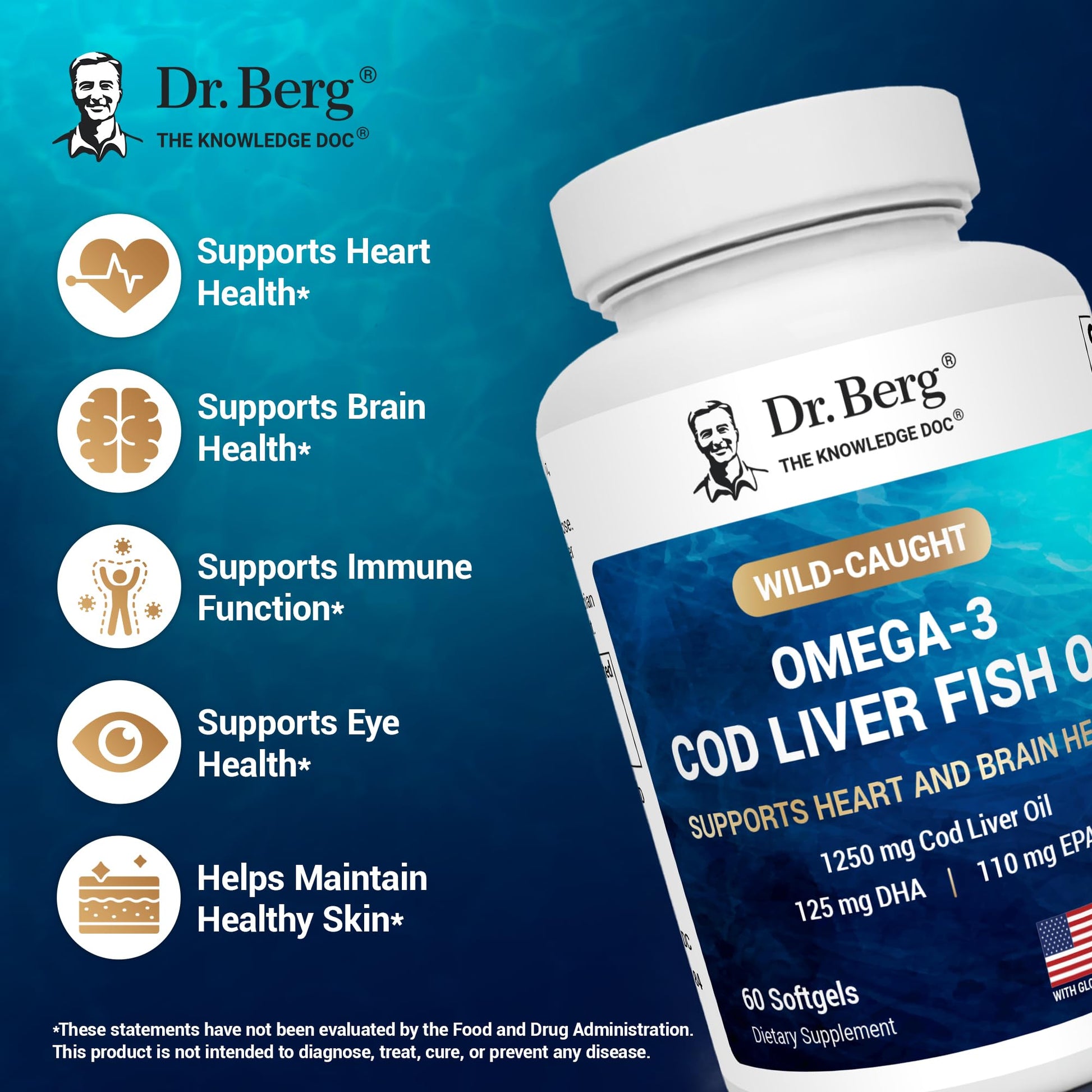 Dr. Berg Maximum Strength Omega-3 Cod Liver Fish Oil (1250 mg) from Wild-Caught Cod - Lemon-Flavored Omega-3 Fish Oil for Women & Men - EPA DHA Supplement – 60 Softgels - Medaid International