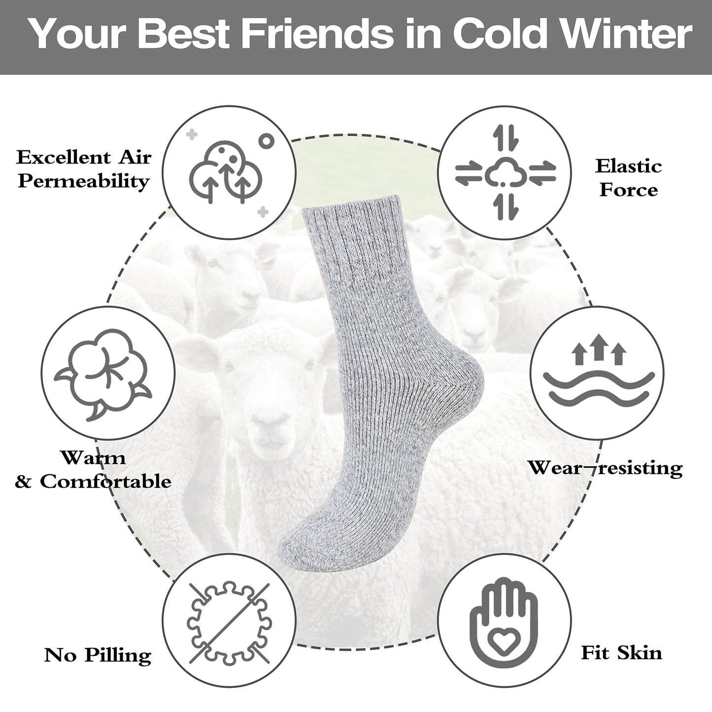 Clothclose 5 Pairs Wool Socks - Warm Wool Socks For Women/Men, Super Soft Crew Boot Sock, Thick Knit Cozy Sock - Medaid International
