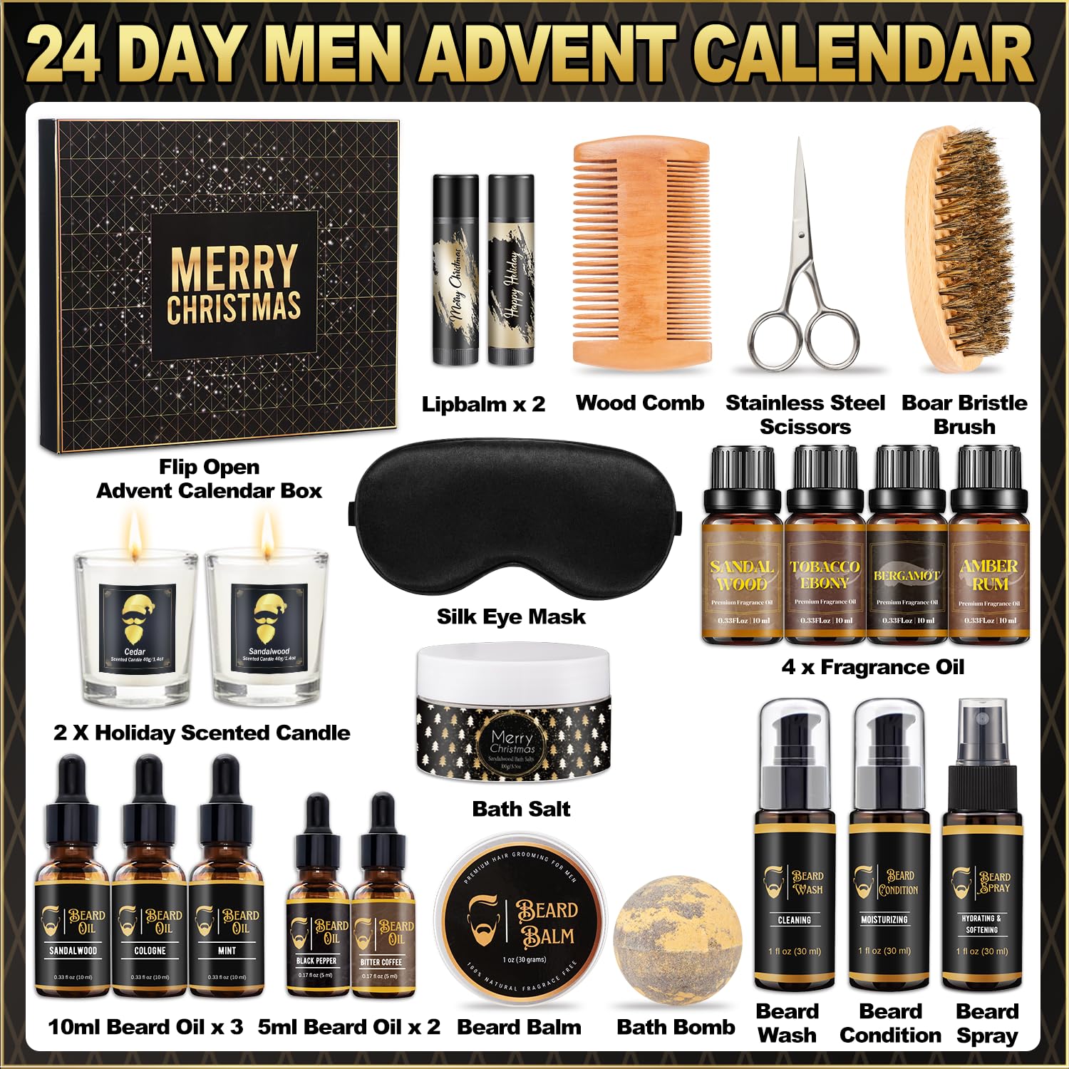 Advent Calendar 2025 Men Grooming, 24 Day Beard Grooming Kit Countdown to Christmas Calendar Xmas Suprise Gifts for Husband Father Boyfriends - Medaid International