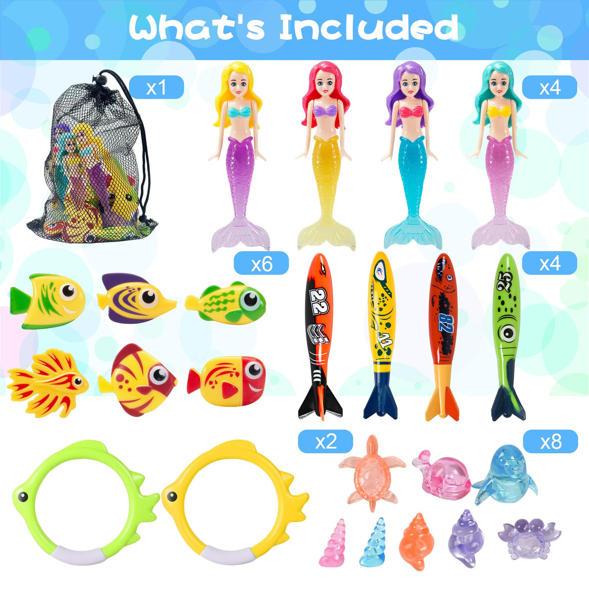 24 Pcs Diving Pool Toys for Kids, Mermaid Dive Toys Set with Underwater Fish, Dive Rings, Torpedo Bandits, Sinking Sea Animals with Storage Mesh Bag, Summer Pool Party Swimming Training Toys