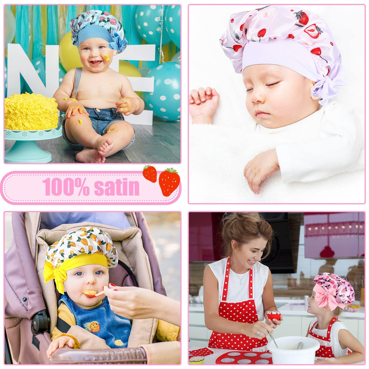 TERRIFI Kids Satin Night Cap, Soft Satin Baby Sleep Cap, Adjustable Silk Hair Cap for Girls & Boys, 5 Pcs for 1-8 Years Old