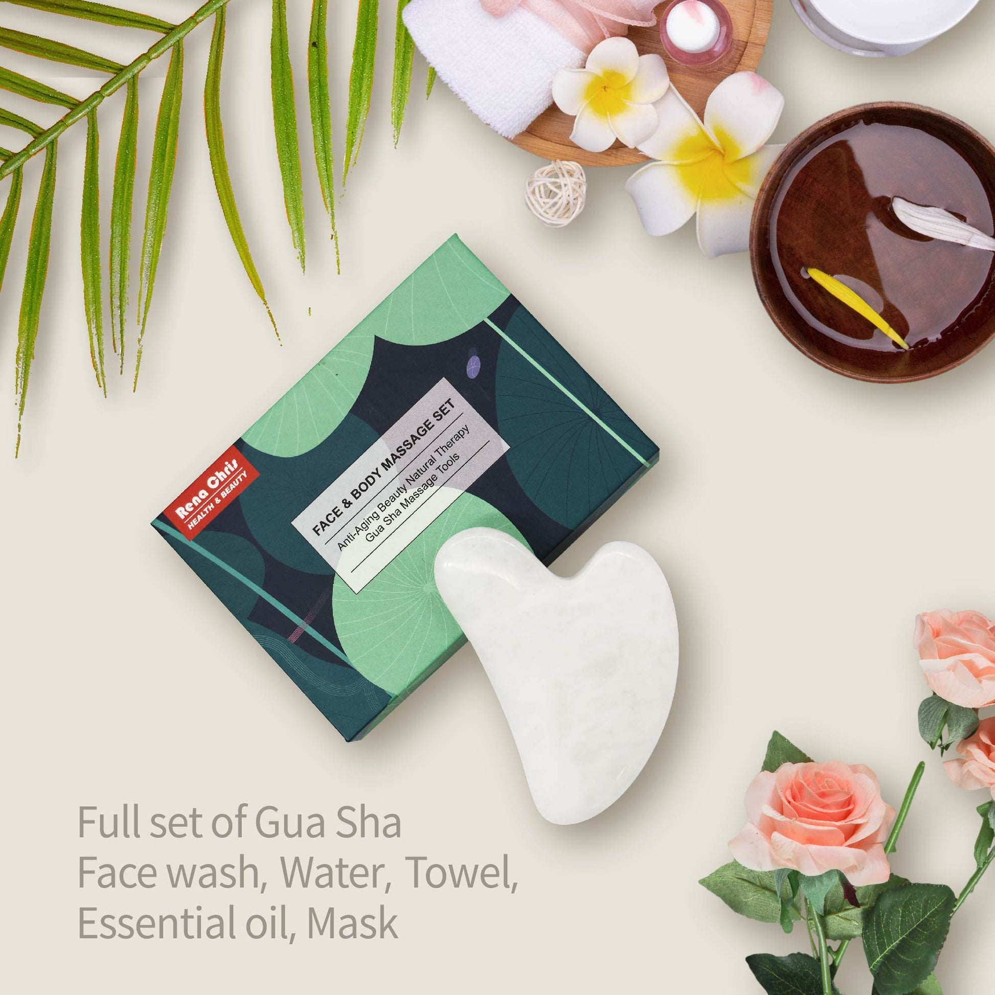 Rena Chris Gua Sha Facial Tools: Natural Jade Stone Guasha Tool for Face Acupuncture Therapy, Facial Massager for Jawline Sculpting and Puffiness Reducing (White) - Medaid International