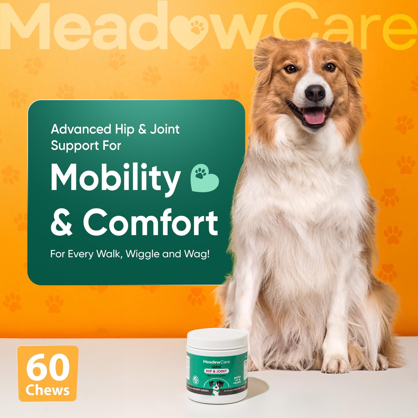 Hip and Joint Supplement for Dogs | MSM, Chondroitin & Glucosamine for Dogs | Supports Bone, Cartilage & Connective Tissue Health | Dog Joint Supplement | 60 Soft Chews180 g (6.35 oz) | MeadowCare