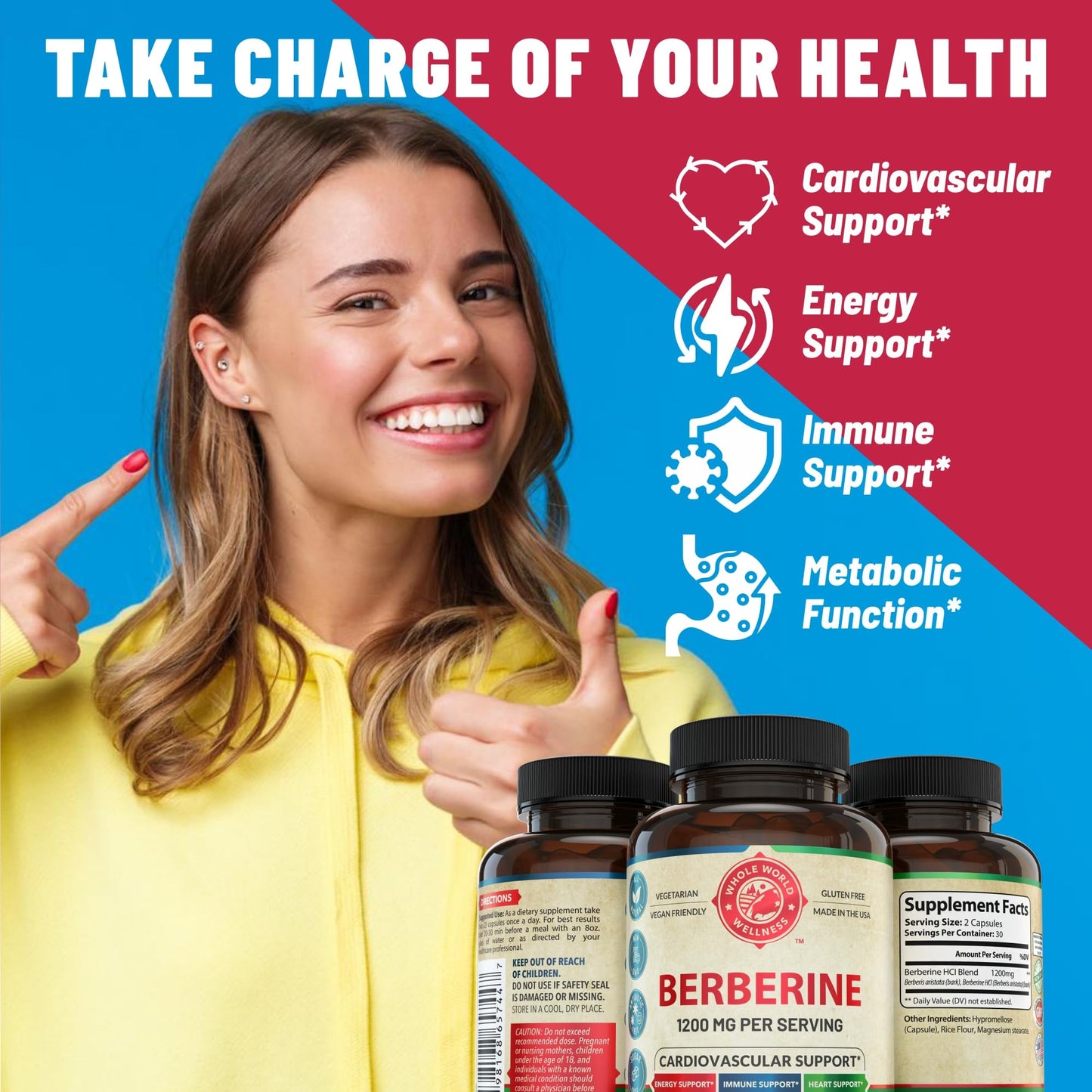 1200mg Berberine Herbal Health Capsules Support Heart and Cardiovascular Health, Help Maintain Healthy Cholesterol, Triglyceride, Blood Sugar Levels, Supports Digestion, Boosts Metabolism, 60 Capsules - Medaid International
