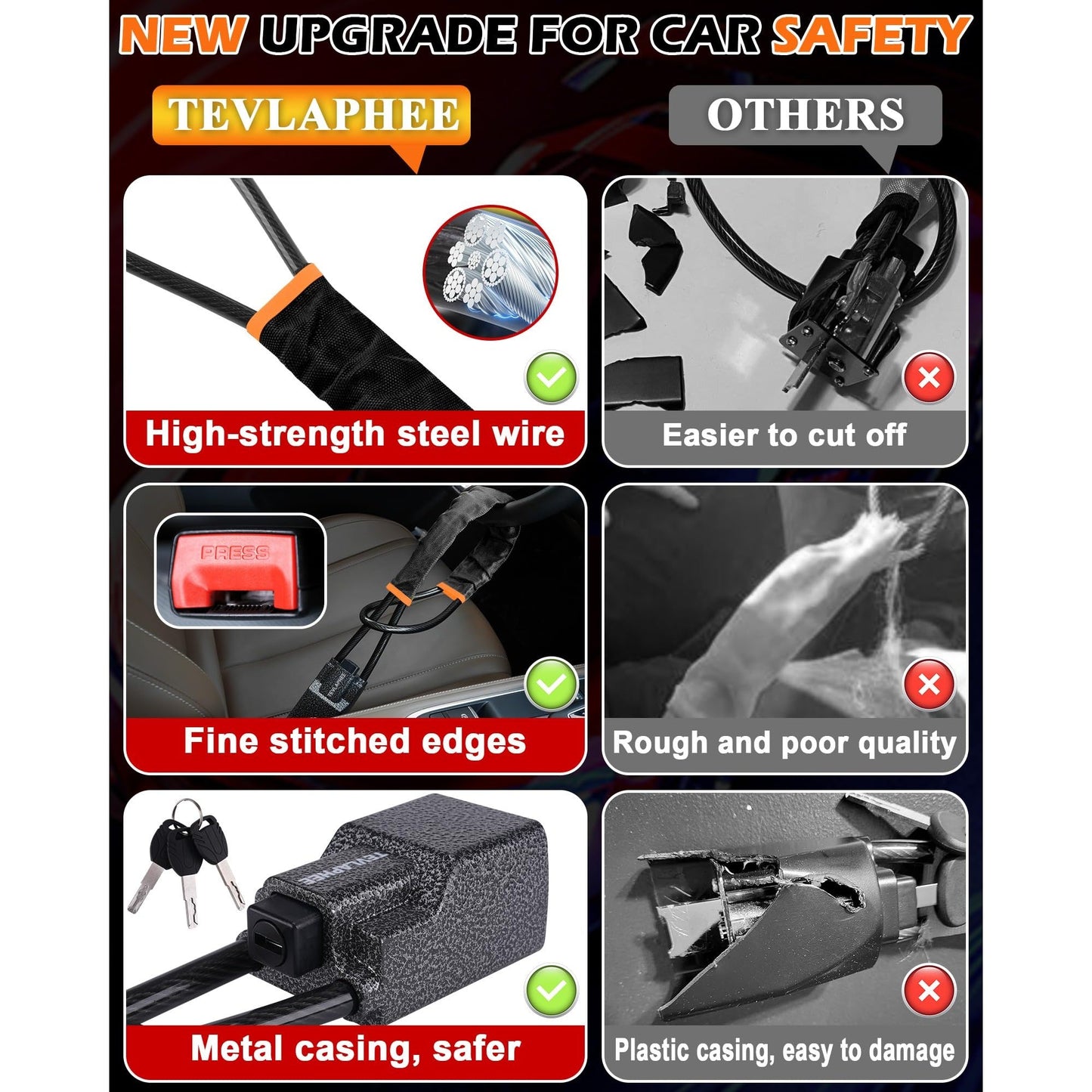 Tevlaphee Steering Wheel Lock Seat Belt Lock Universal Anti Theft Car Device Car Lock Car Theft Prevention with 3 Keys for Car Security Fit Most Vehicles Truck SUV Van (Black) - Medaid International