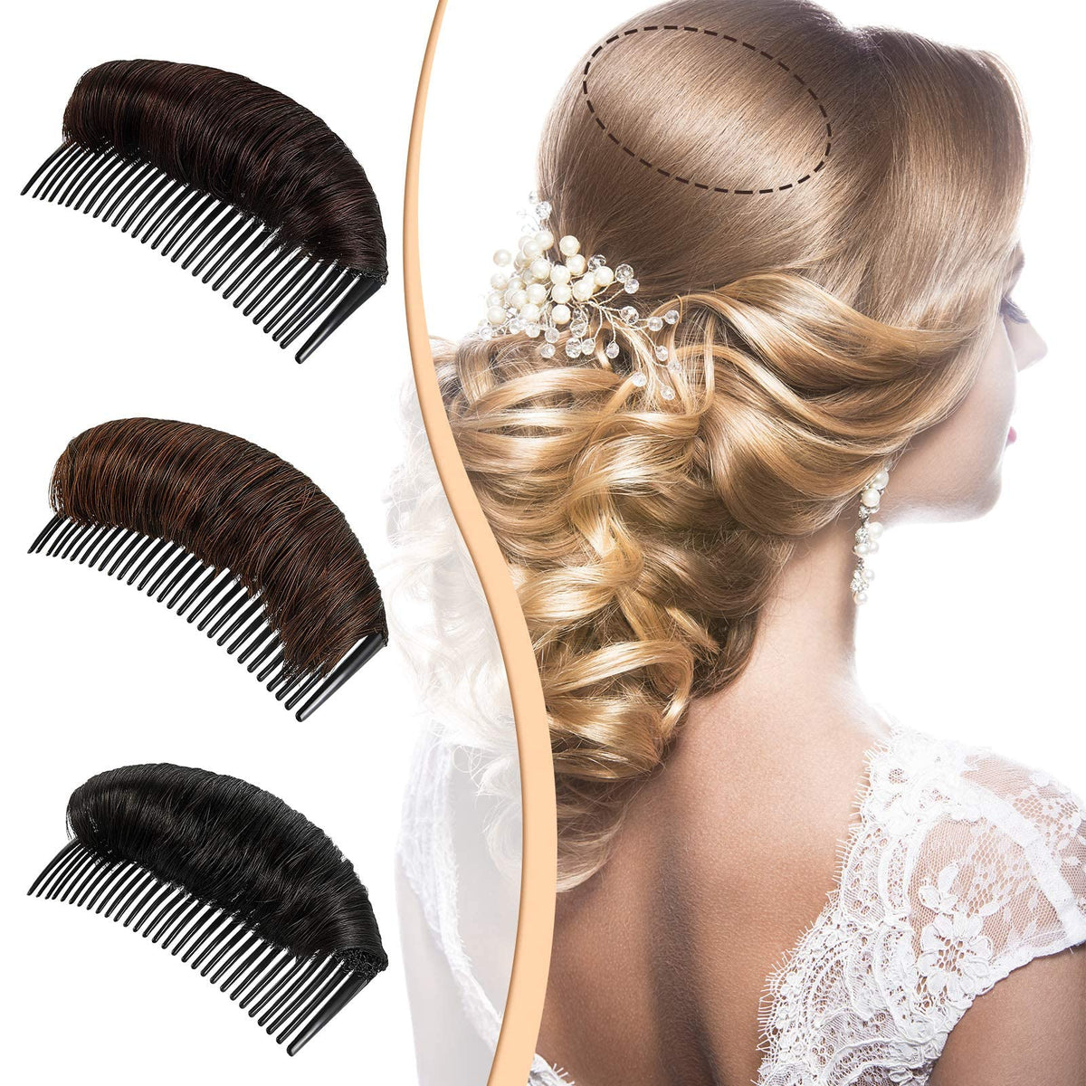TERRIFI Invisible False Hair Clip, Bun Base Bump Fluffy Pad Styling Insert Tool, Volume Princess Styling Increased Pad for Women Girls (Black, Light Brown, Dark Brown)