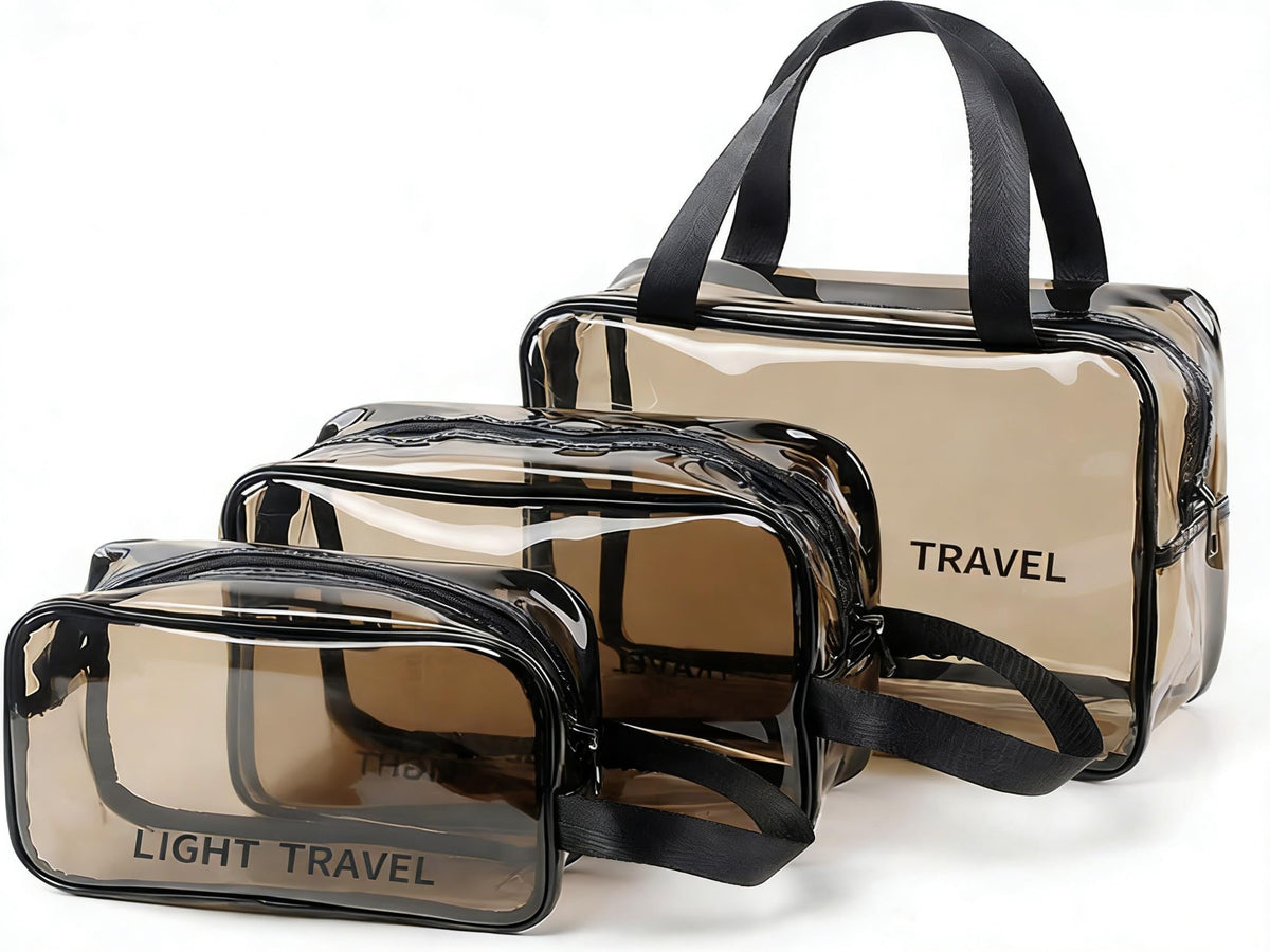 KASTWAVE Clear Cosmetic Bag, 3 Piece Water Resistant PVC Packing Cubes with Zipper Closure & Carry Handle Suitable for air Travel Bathroom Beach Pool Spa Gym Bag(Gray)