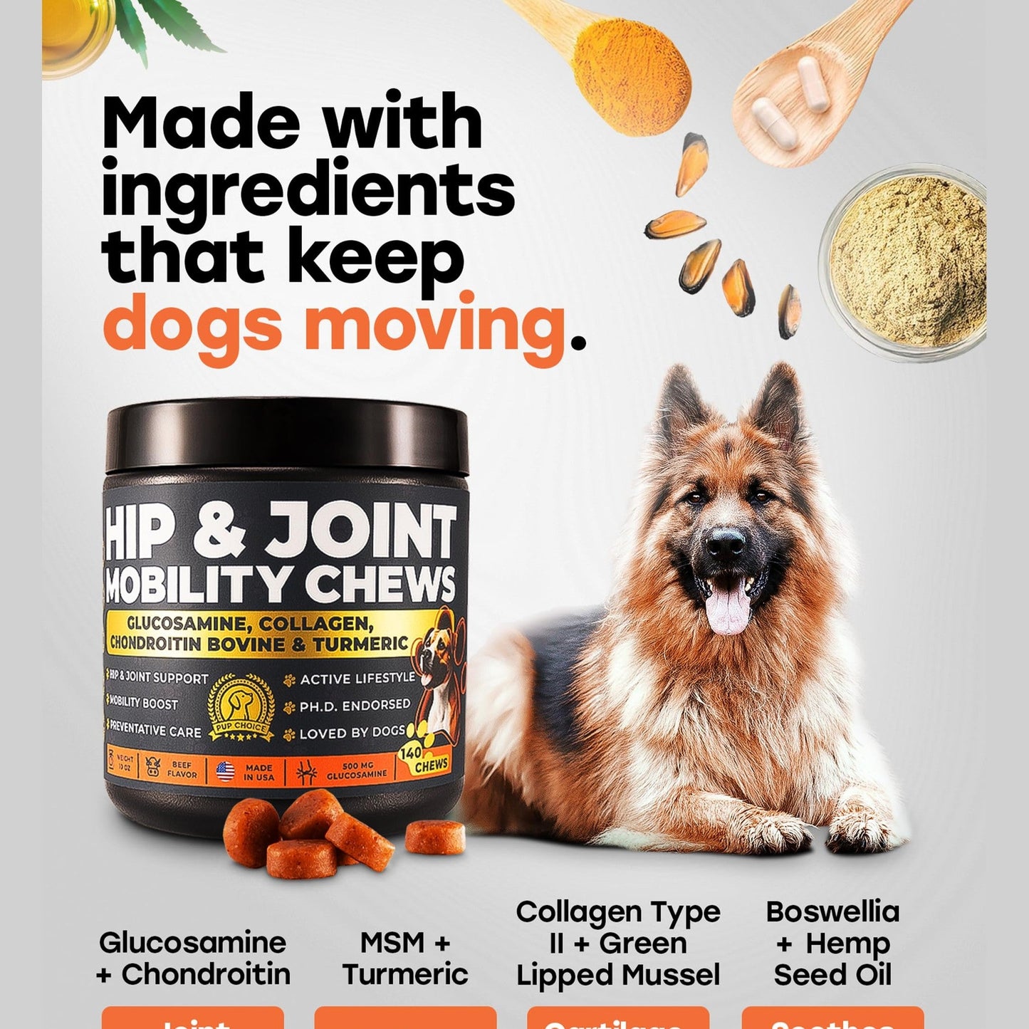 Pup Choice Glucosamine 500mg Hip & Joint Support Supplement for Dogs – Chondroitin, Collagen, MSM & Turmeric Chews – Supports Mobility, Flexibility & Joint Health for Large Breeds & Seniors