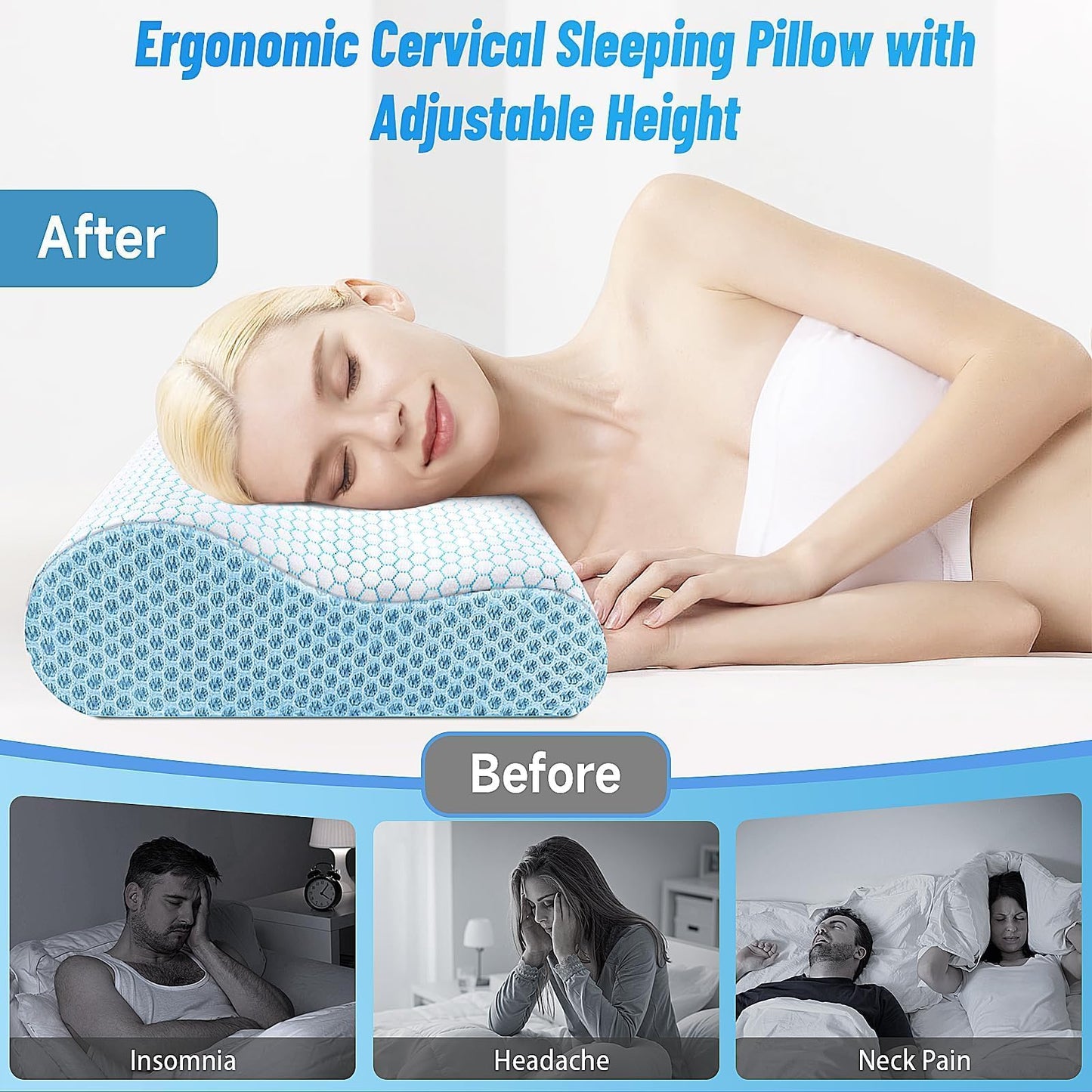 CloudBliss Neck Pillow for Sleeping, Ergonomic Cervical Neck Pillow for Neck Pain Relief, Memory Foam Pillow fit Neck Contour, Bed Pillow for Side Back Stomach Sleepers (Blue, Standard Size) - Medaid International