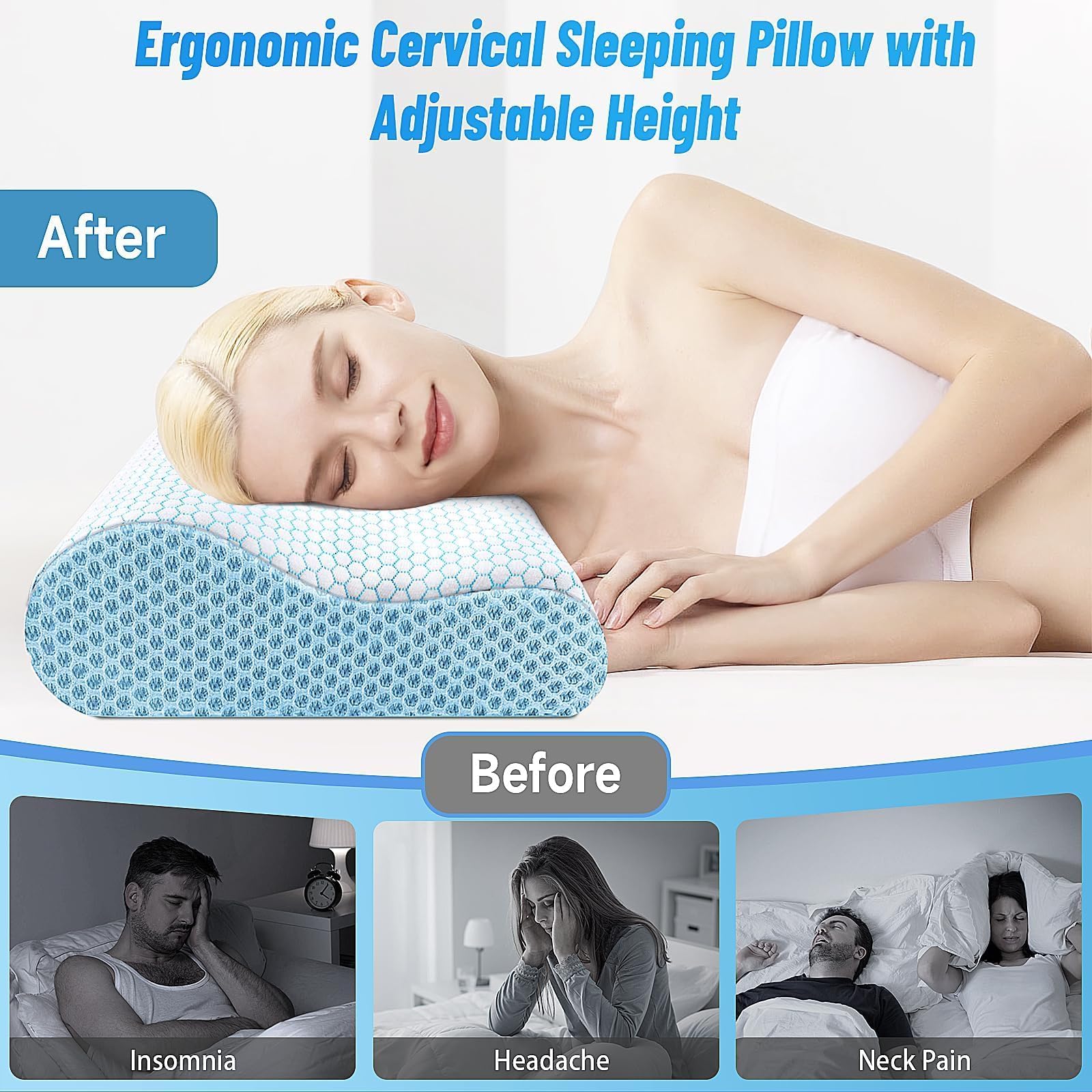 CloudBliss Neck Pillow for Sleeping, Ergonomic Cervical Neck Pillow for Neck Pain Relief, Memory Foam Pillow fit Neck Contour, Bed Pillow for Side Back Stomach Sleepers (Blue, Standard Size) - Medaid International