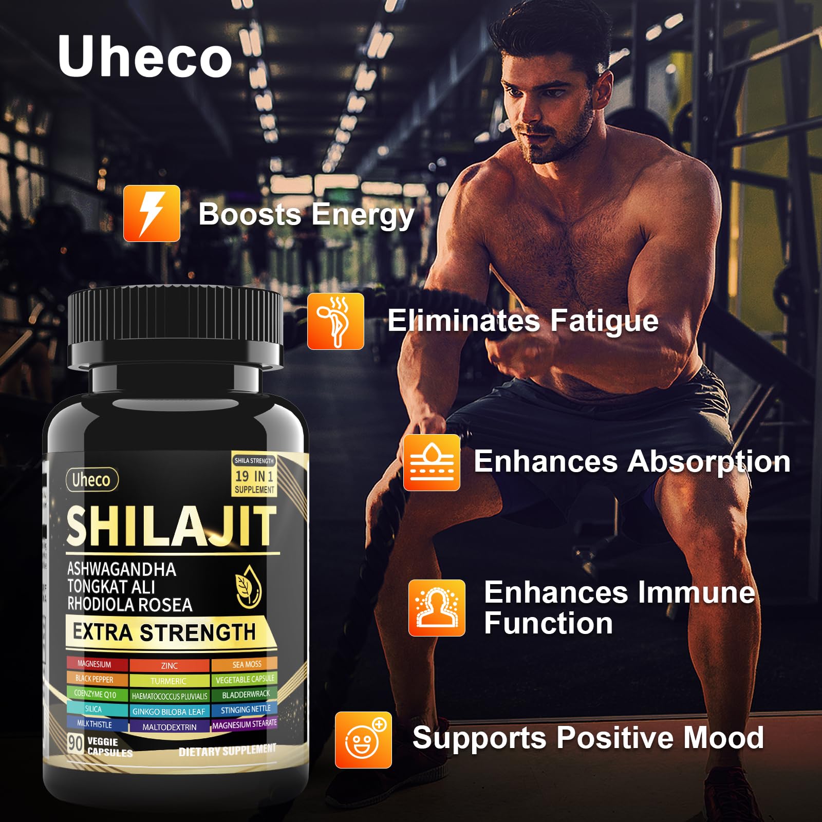 Uheco Shilajit Supplement with Sea Moss, Ashwagandha, Tongkat Ali - Shilajit Pure Himalayan Organic Fulvic Acid Capsules - 90 Count - Medaid International