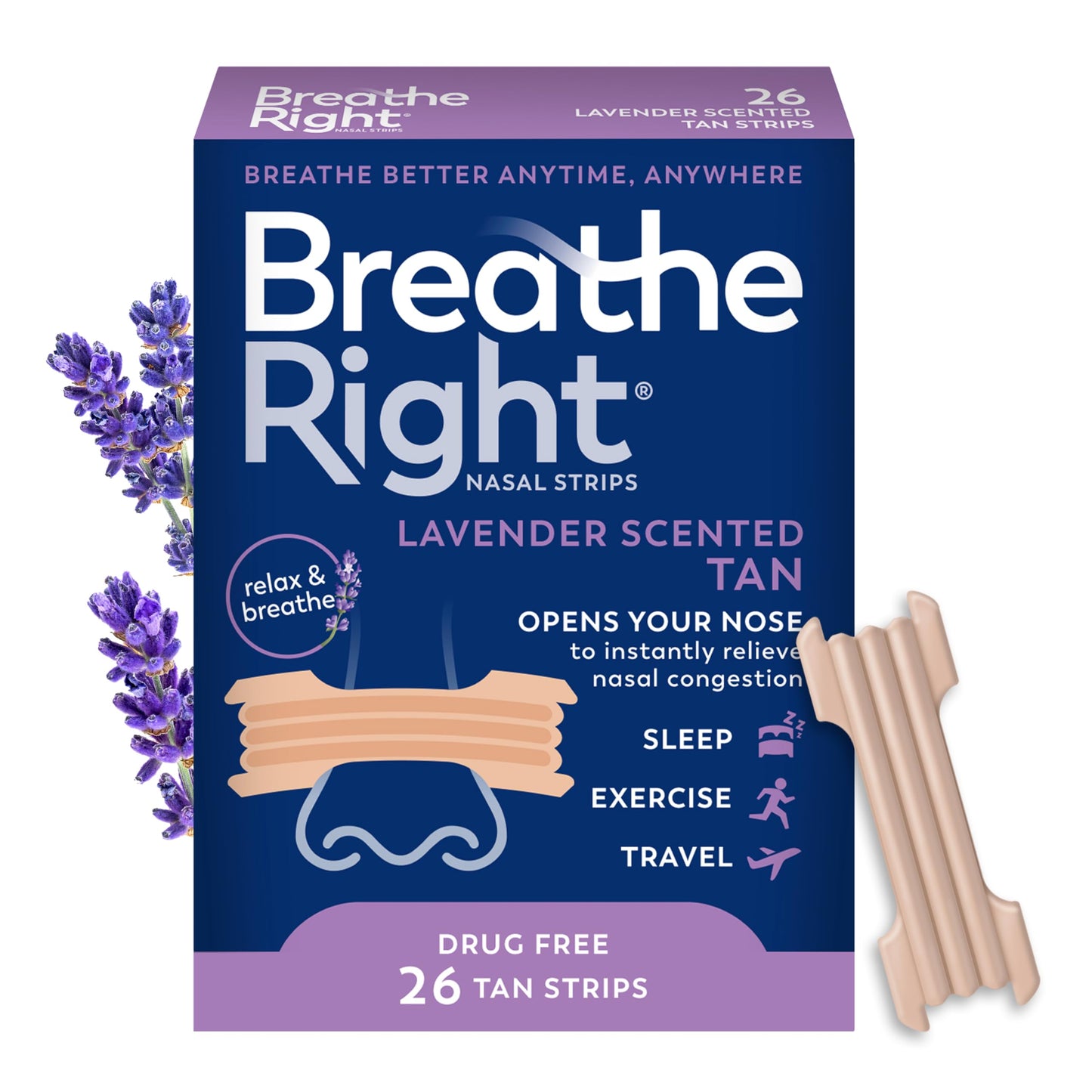 Breathe Right Nasal Strips Lavender Scent Extra Strength Tan Nasal Strips Help Stop Snoring Drug-Free Snoring Solution & Nasal Congestion Relief Caused By Colds & Allergies 26ct (packaging may vary) - Medaid International
