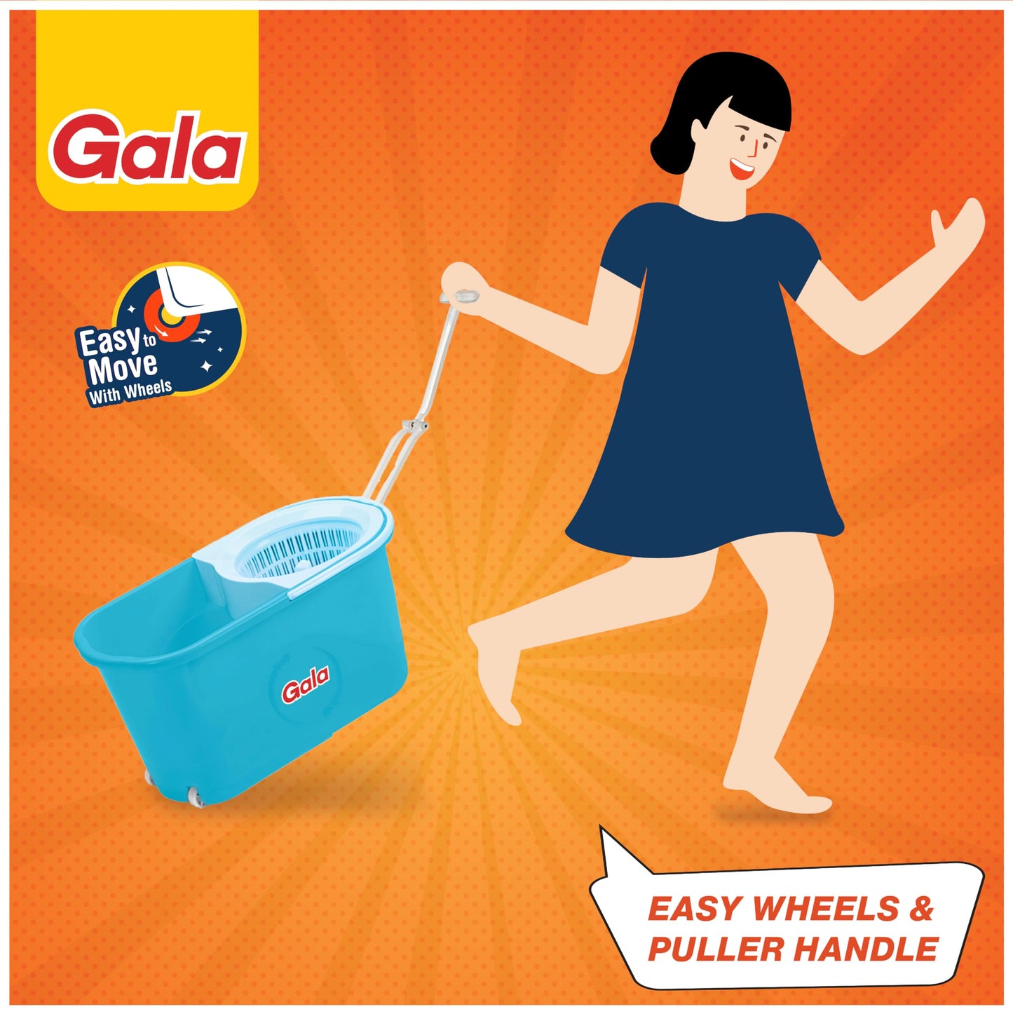 Gala e-Quick Spin Floor Cleaning Mop Set with 2 Microfiber Refills, Easy Wheels, Big Bucket & Wringer for Home, Household Cleaner Accessories (White & Blue) - Medaid International