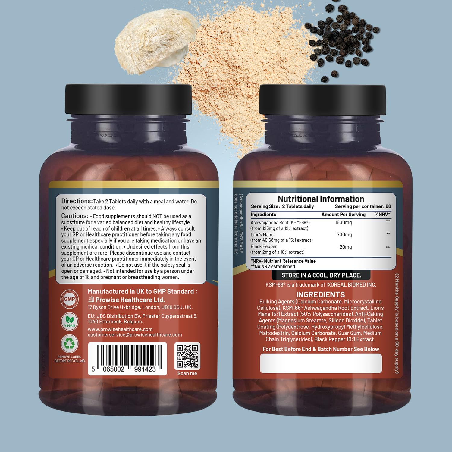 KSM-66 Ashwagandha and Lions Mane Tablets - High Strength 2200mg | KSM-66 Ashwagandha Root Extract and Lions Mane Mushroom Extract - 120 Vegan Tablets with Black Pepper - UK Made by Prowise - Medaid International