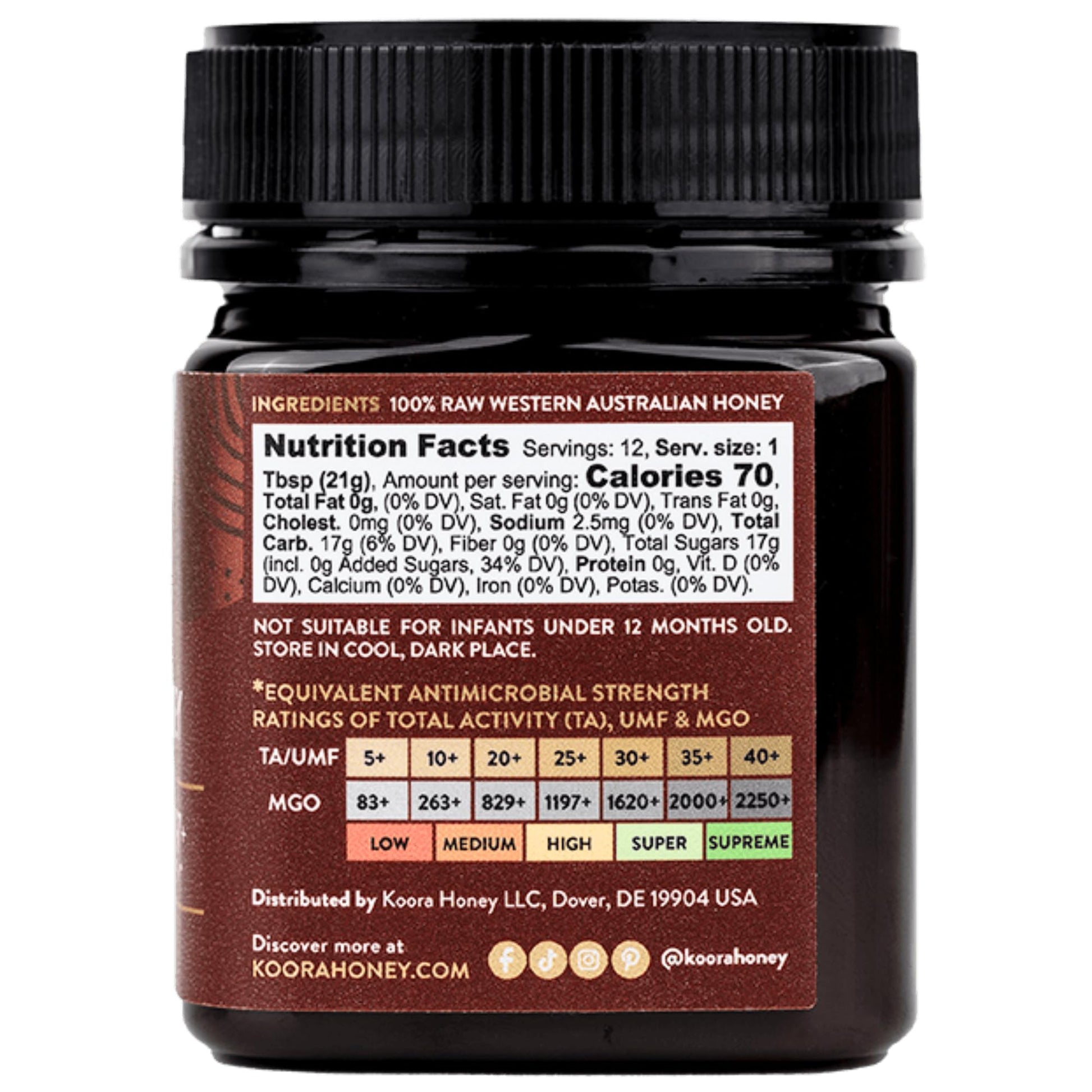 KOORA Marri Honey TA 25+ (MGO 1197+ Manuka Honey Rating Equiv.) Low GI, Raw Medicinal Honey for Daily Health & Immune Support, from the Ancient Wild Forests of Western Australia, 8.8 oz - Medaid International
