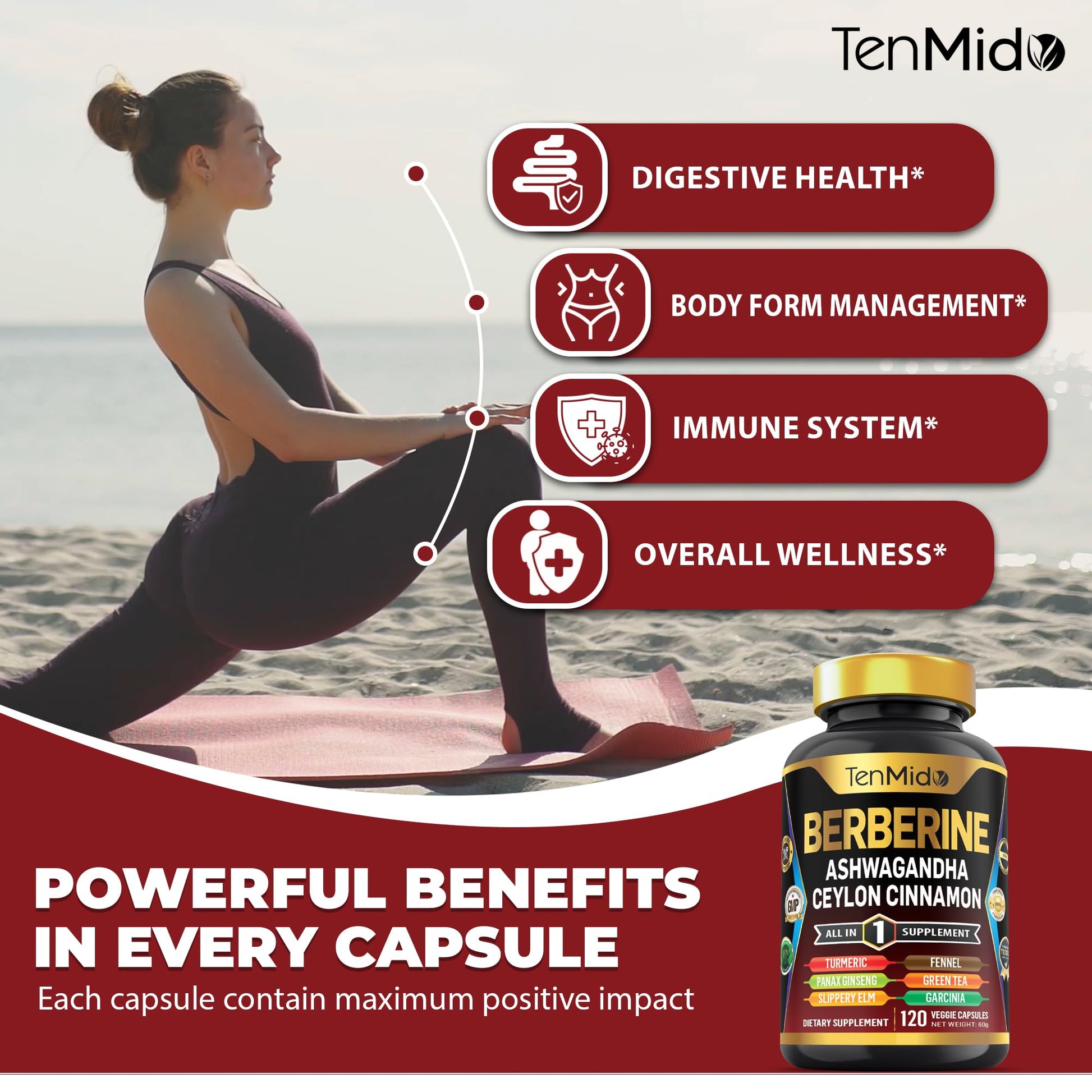 Tenmido Berberine Supplement - 10in1 Formula with Ashwagandha, Ceylon Cinnamon, Turmeric, Panax Ginseng, Slippery Elm, Fennel, Green Tea, & More - Immune, Digestive Support - 120 Caps - Medaid International