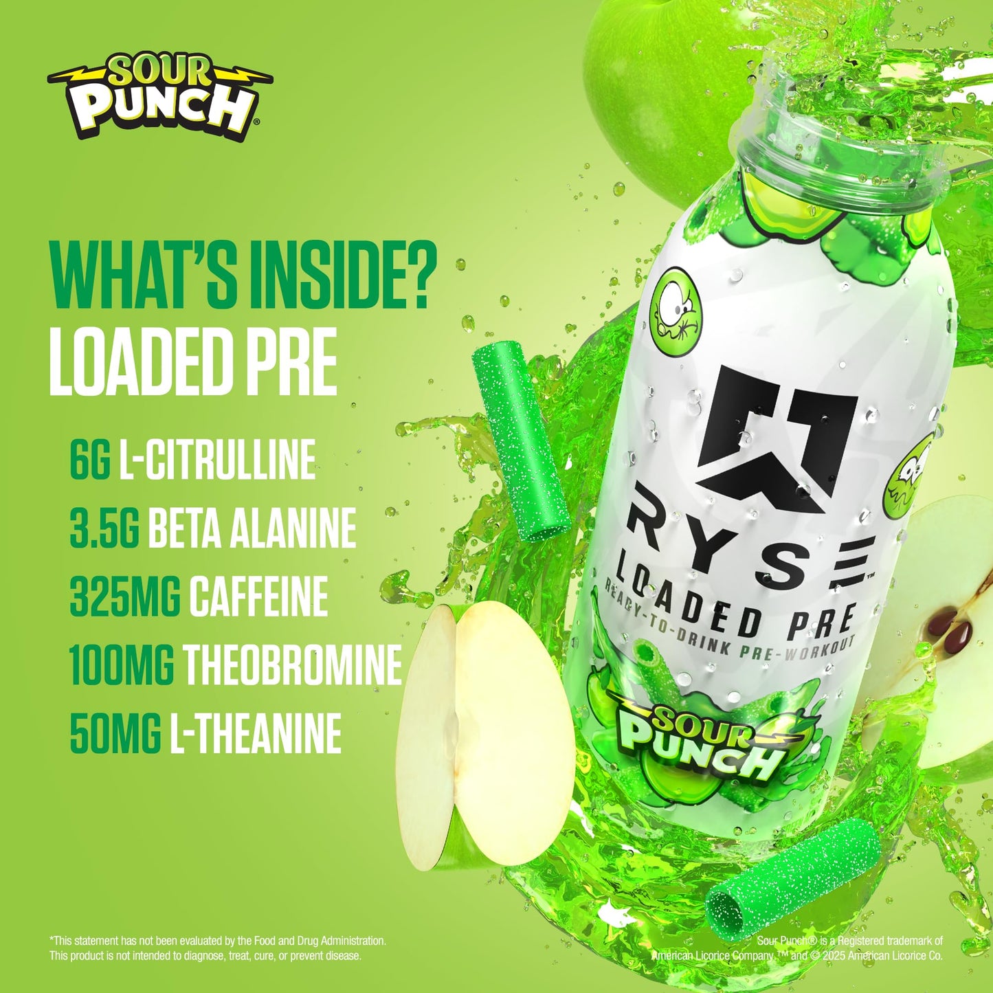 RYSE Loaded Pre Workout Drink - Sour Punch Green Apple - Sugar-Free, Ready to Drink Energy Supplement with 325mg Caffeine, Citrulline & Beta Alanine for Focus & Pump - 12 fl oz Bottles (Pack of 12) - Medaid International
