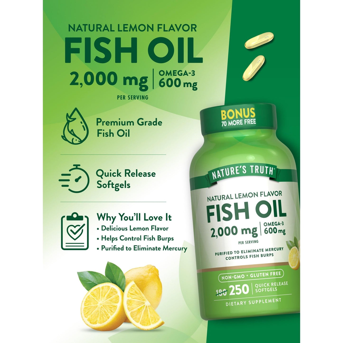 Nature's Truth Fish Oil 2000 mg | 600 mg Omega 3 | 250 Softgels | Natural Lemon Flavor | Non-GMO and Gluten Free Supplement - Medaid International