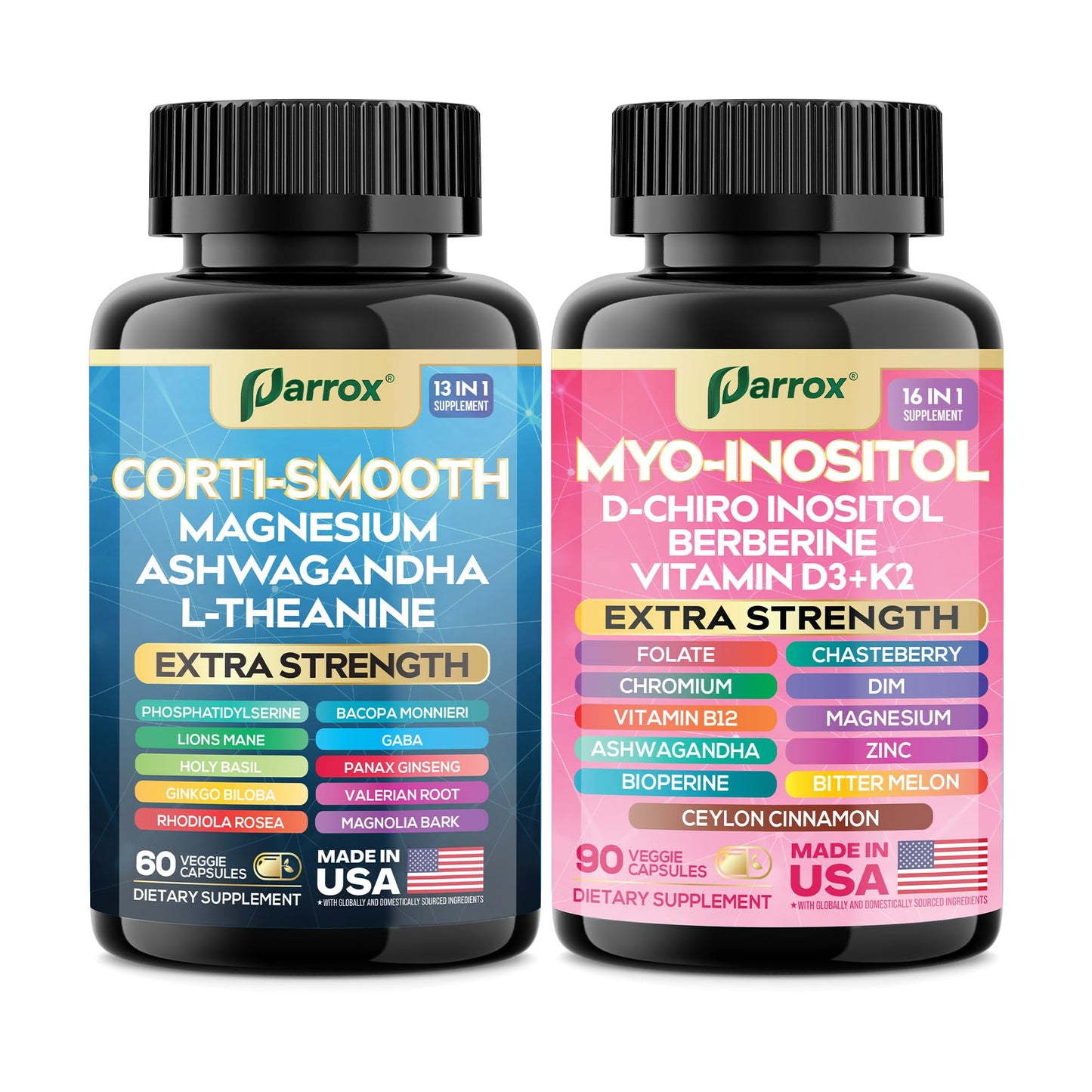 Parrox Cortisol & Myo-Inositol Supplement Bundle, Soothe & Smooth Bundle, Cortisol Balance, GABA, Magnesium, Ashwagandha, L-Theanine, D-Chiro Inositol, Folate, Berberine, Chasteberry, Zinc (2 Pack) - Medaid International